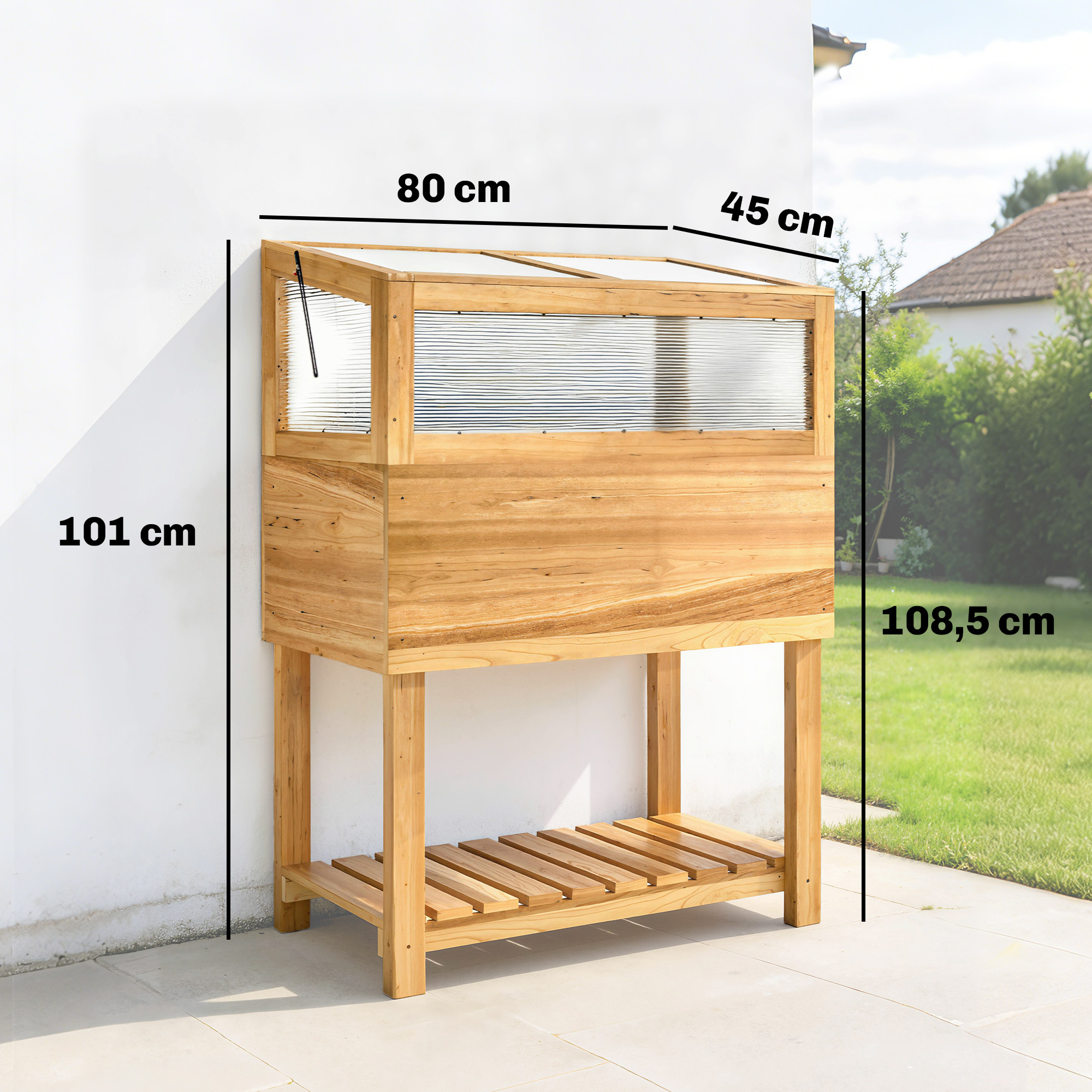 Hochbeet mit Frühbeetaufsatz aus Holz erhöhter Pflanzkasten mit aufklappbar Abdeckung Regal Vliesstoff Ergonomisch