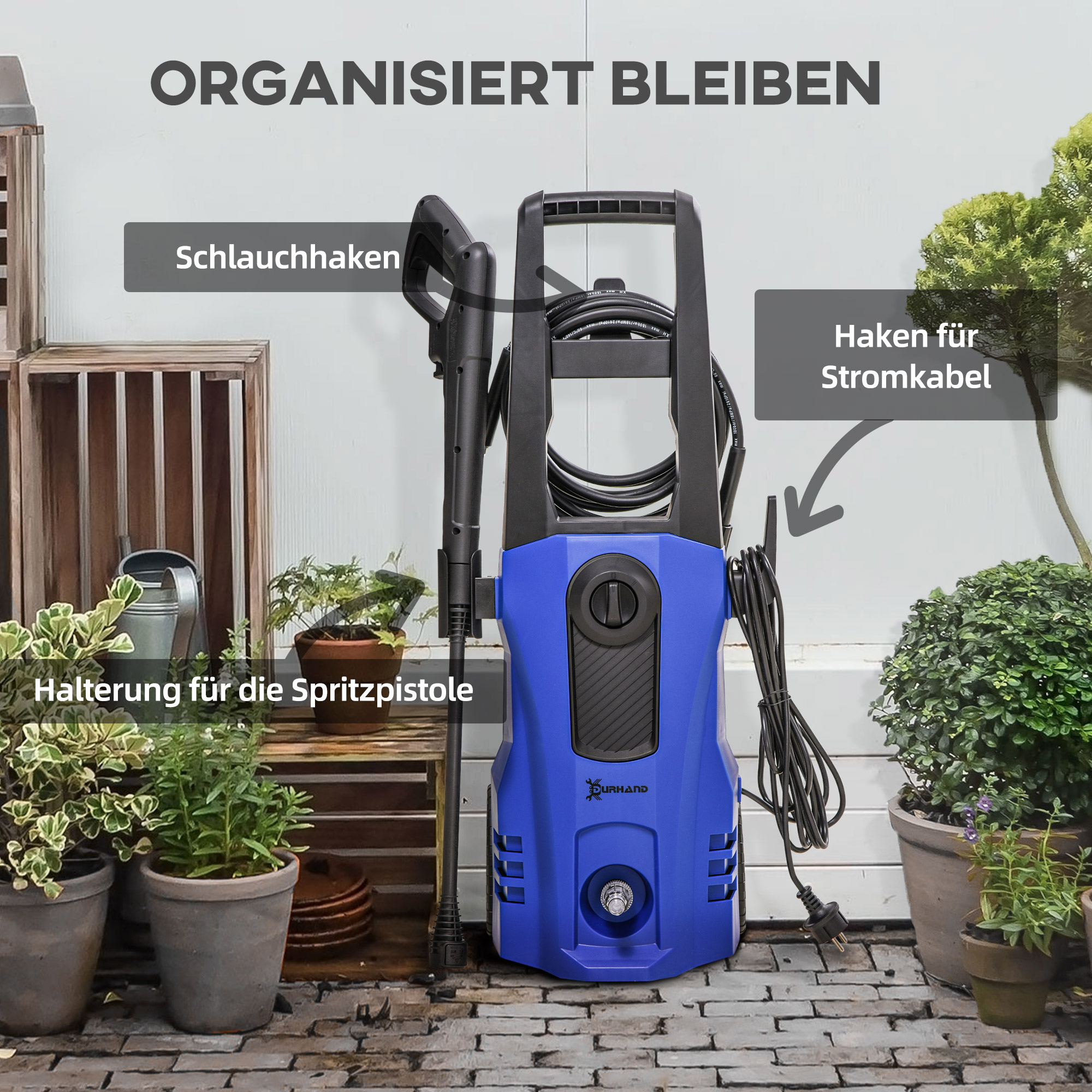 Hochdruckreiniger Druckreiniger 5-tlg. Zubehör, verstellbare Spritzdüse, 150 bar Druck, 1800 W, max. 510 l/h, 35x27x78cm