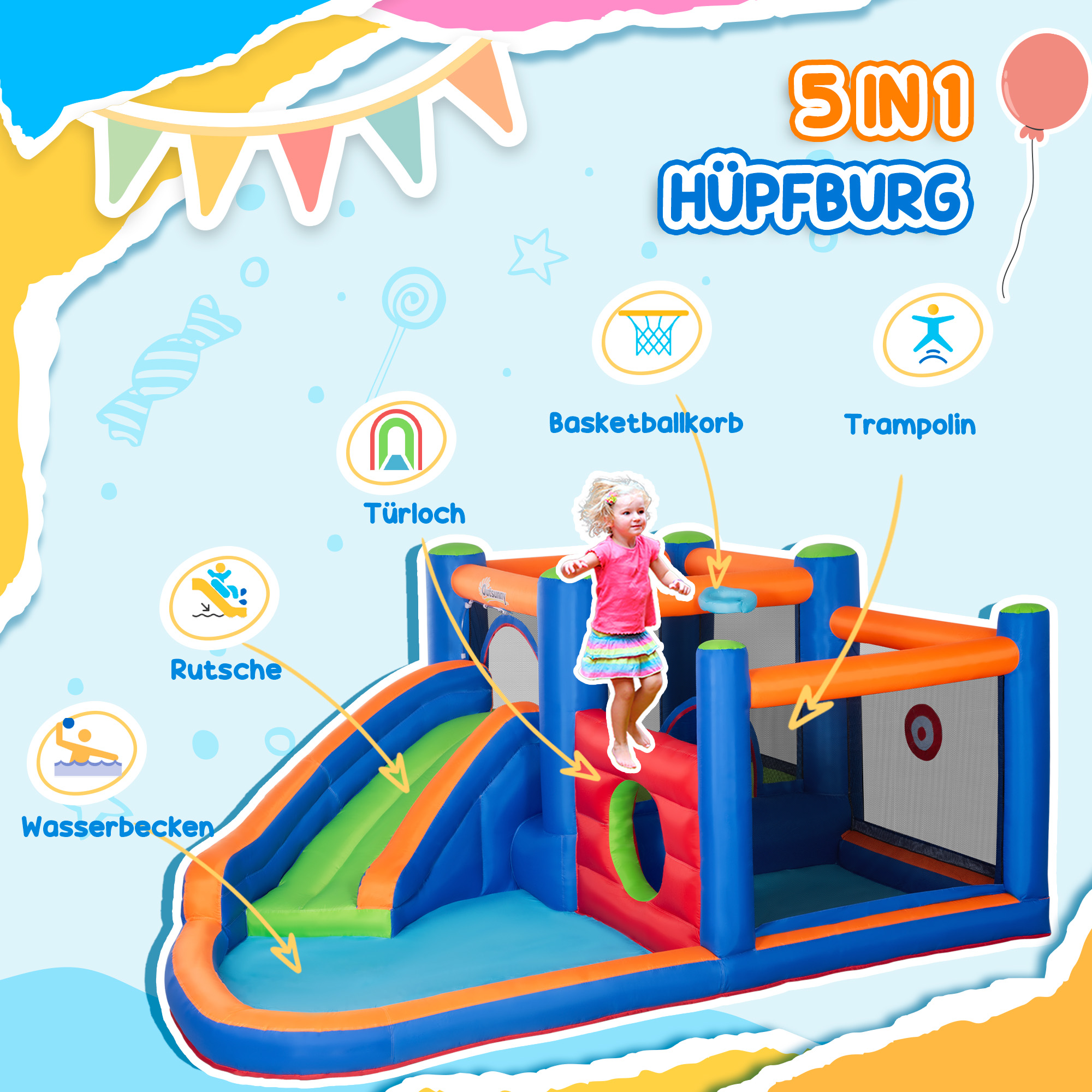 Hüpfburg, mit Rusche, Hüpfbereich, Pool, aufblasbar, inkl. Elektropumpe, für bis 3 Kinder, 380 x 340 x 170 cm