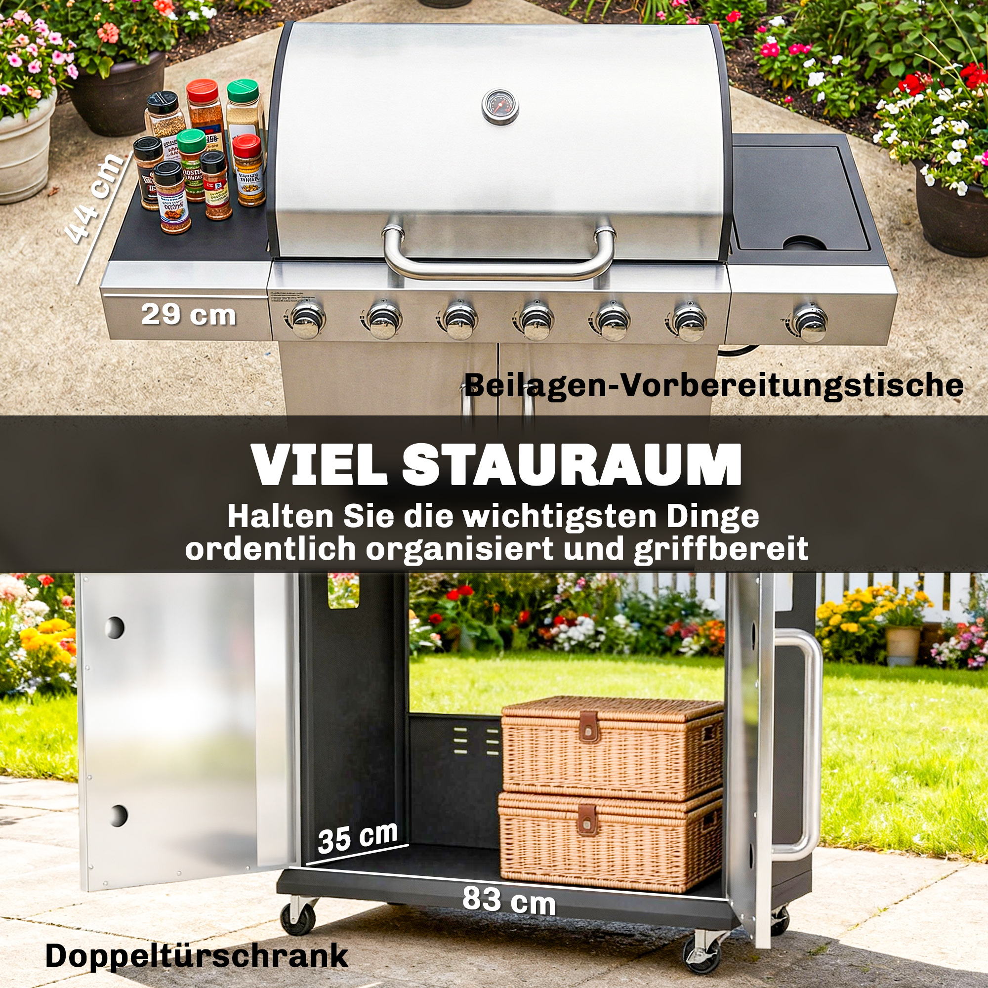 Gasgrill 18,6 KW 6+1 Brenner BBQ Grillwagen aus Edelstahl inkl Rolle Thermometer Warmhalterost Seitentisch Unterschrank