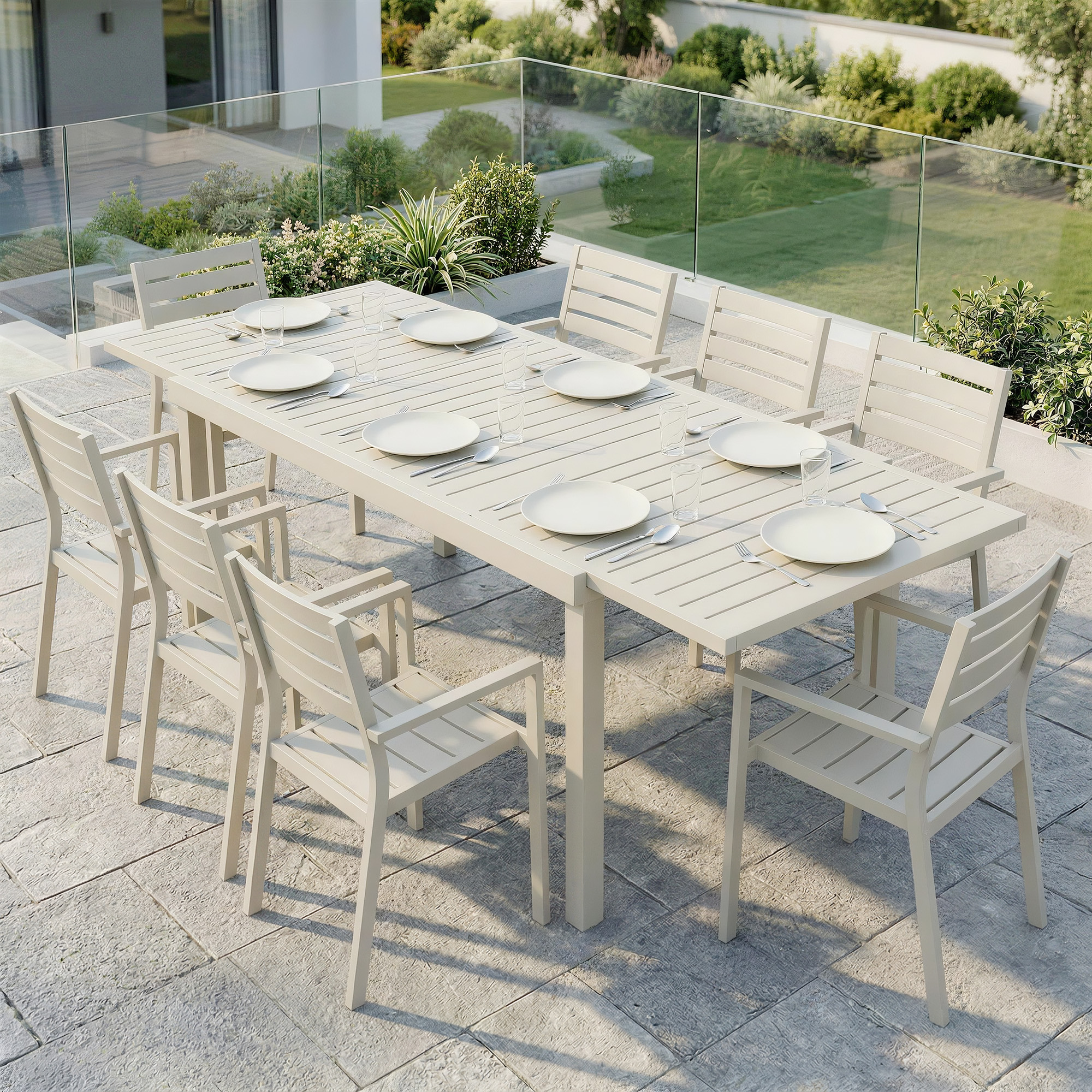 Gartentisch Ausziehbarer 150/225 x 85 cm Aluminium Esstisch für 6-8 Personen, Rechteckig Lamellenoptik