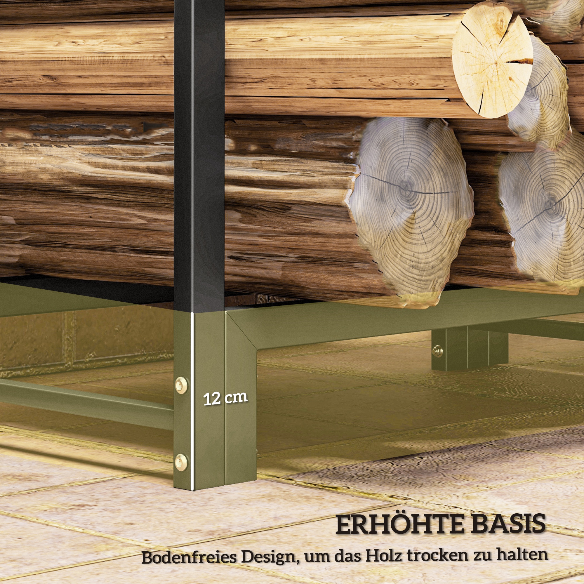 Feuerholzgestell, zwei Abschnitte, rostfreier Stahlrahmen, bis 200 kg, 123 x 32 x 115 cm, Schwarz