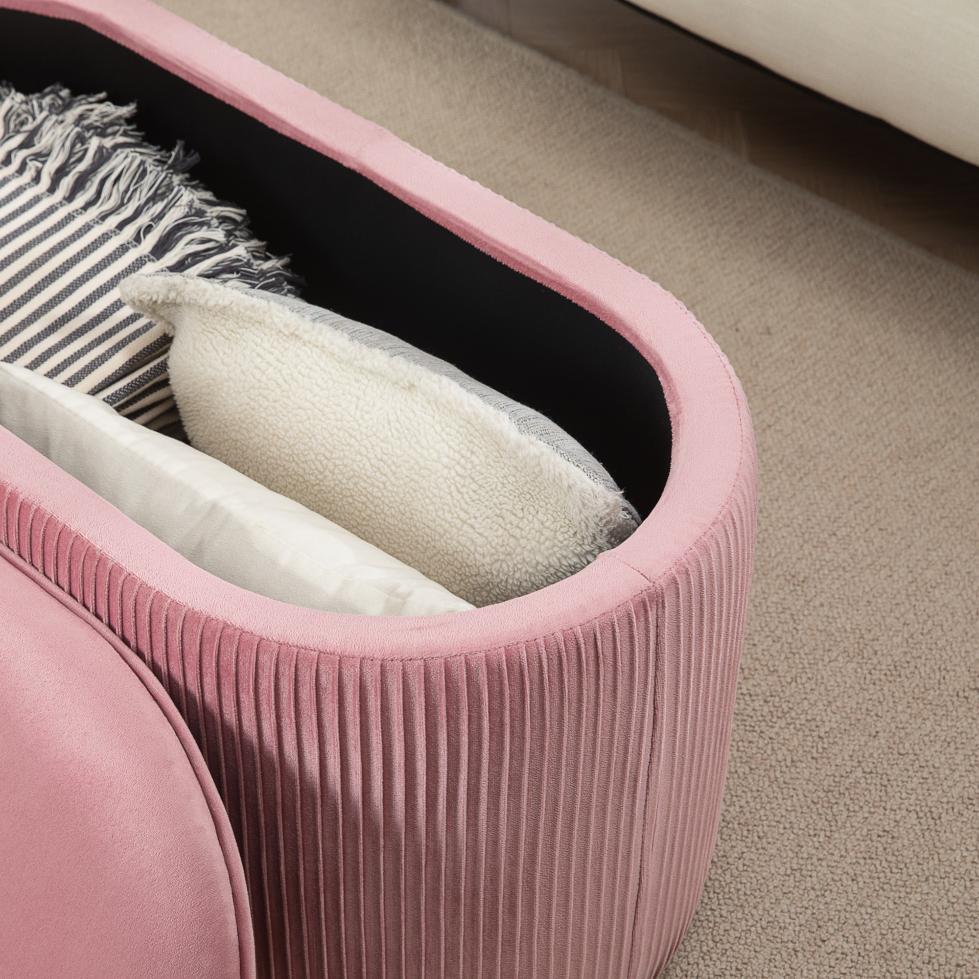 Sitzbank Bank mit Stauraum Polsterbank Ottomane, Retrodesign, Samtoptik, 81 cm x 40 cm x 41 cm, Altrosa