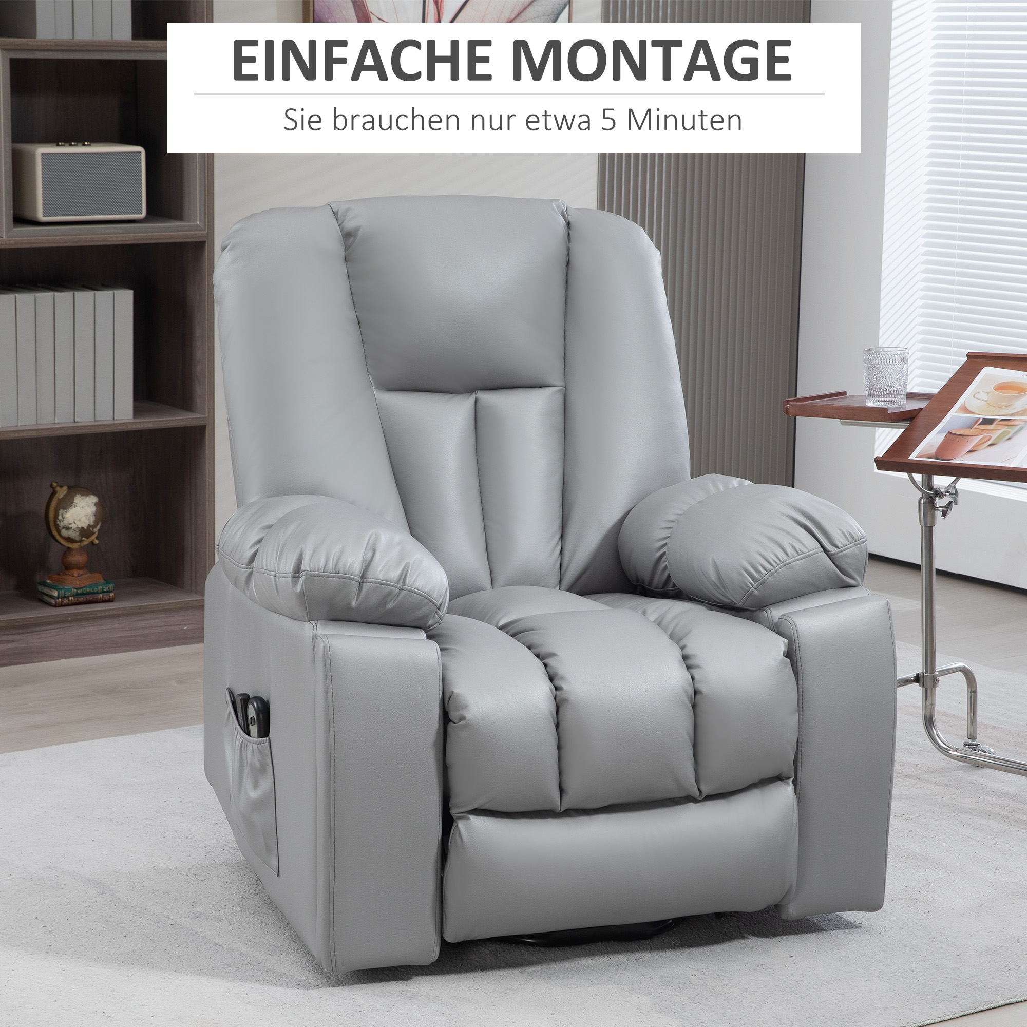 Massagesessel Relaxsessel Seniorensessel, Fernbedienung, Seitentaschen, 94 cm x 96 cm x 106 cm, Dunkelgrau