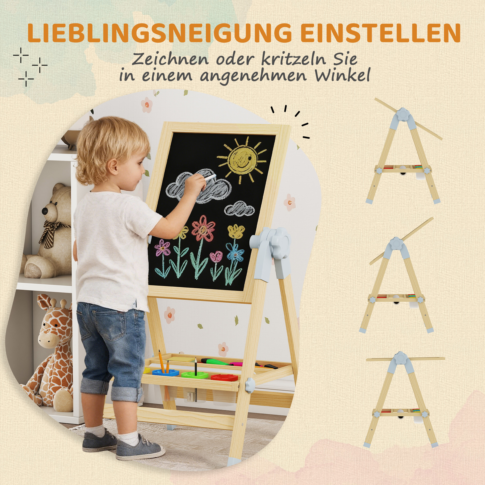 Kinder Staffelei aus Holz, Doppelseitige Whiteboard und Tafel Höhenverstellbar Standtafel mit Papierrolle, Ablage, Natur