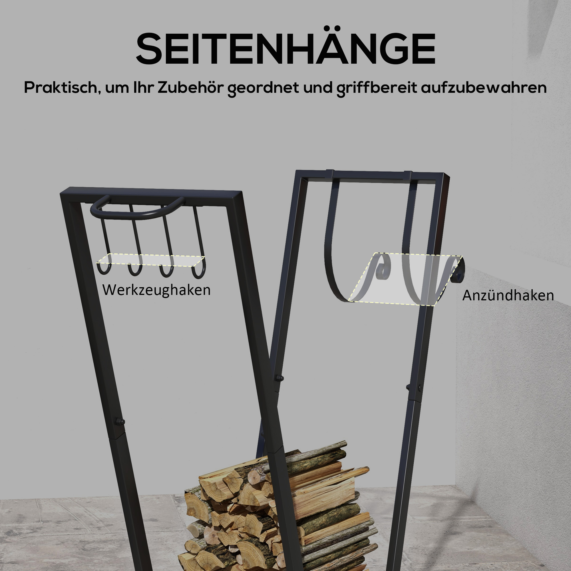Feuerholzgestell, trapezförmiges Design, pulverbeschichteter Metall, mobil mit Rollen, 79 x 30 x 81 cm, Schwarz