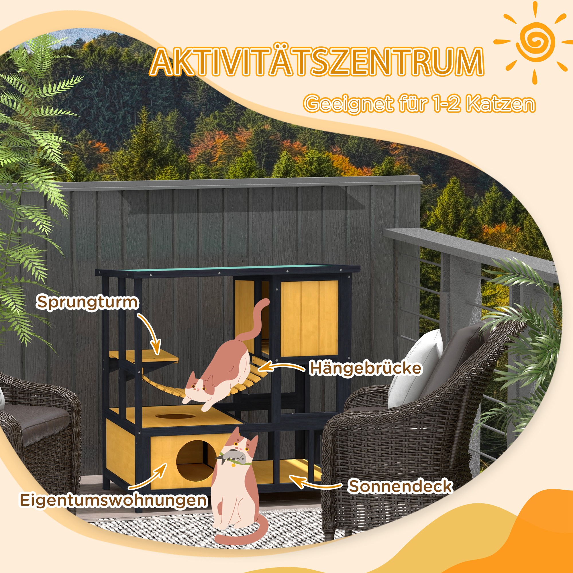 Katzenhaus Katzenhütte Katzenhöhle, wetterbeständig, 1 Rampe, 1 Plattform,  84,5 x 60 x 88 cm, Grün + Natur