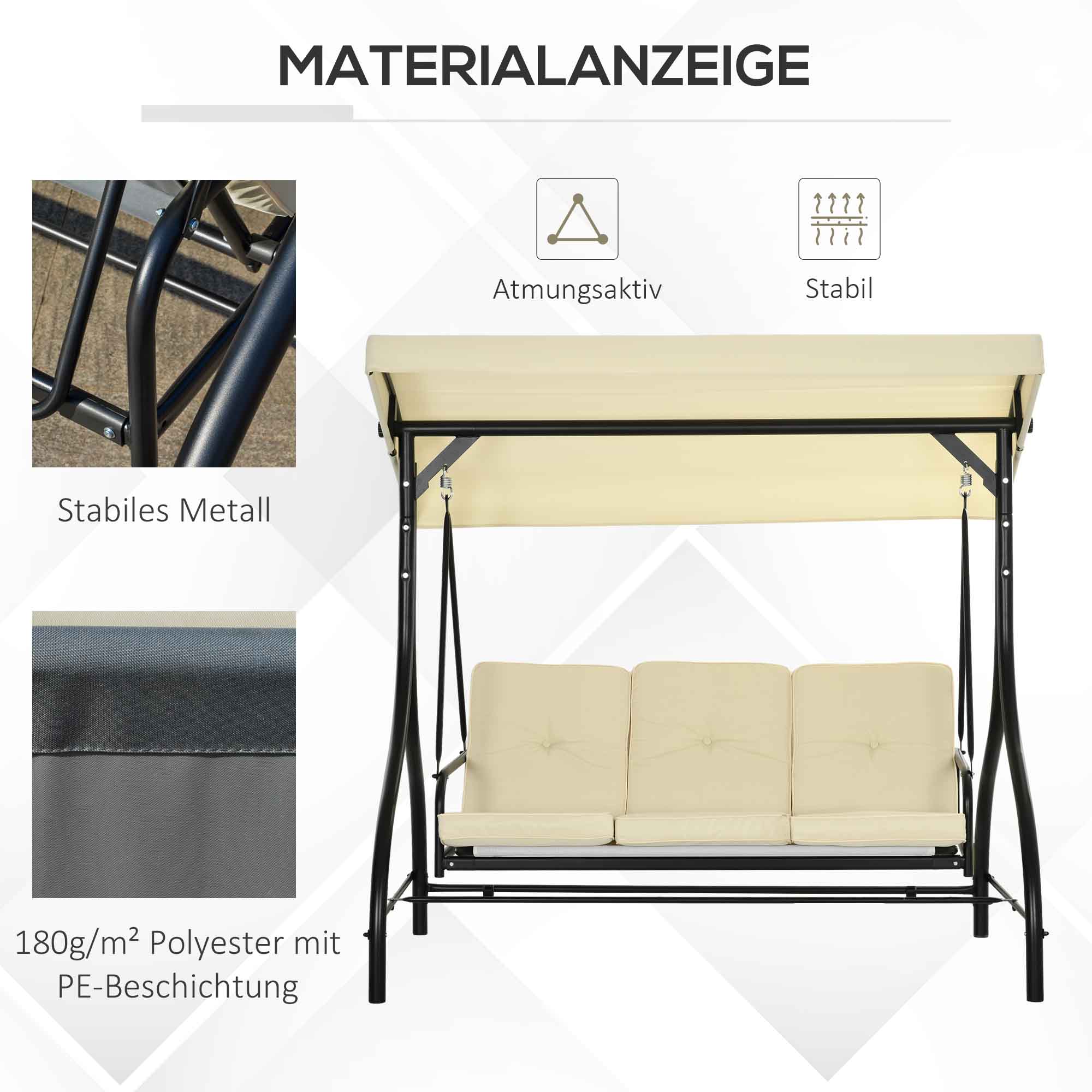 Schaukelbank, Hollywoodschaukel mit Sonnenschutz, Gartenschaukel, Verandaschaukel, 3 Sitze, Schaukelbett