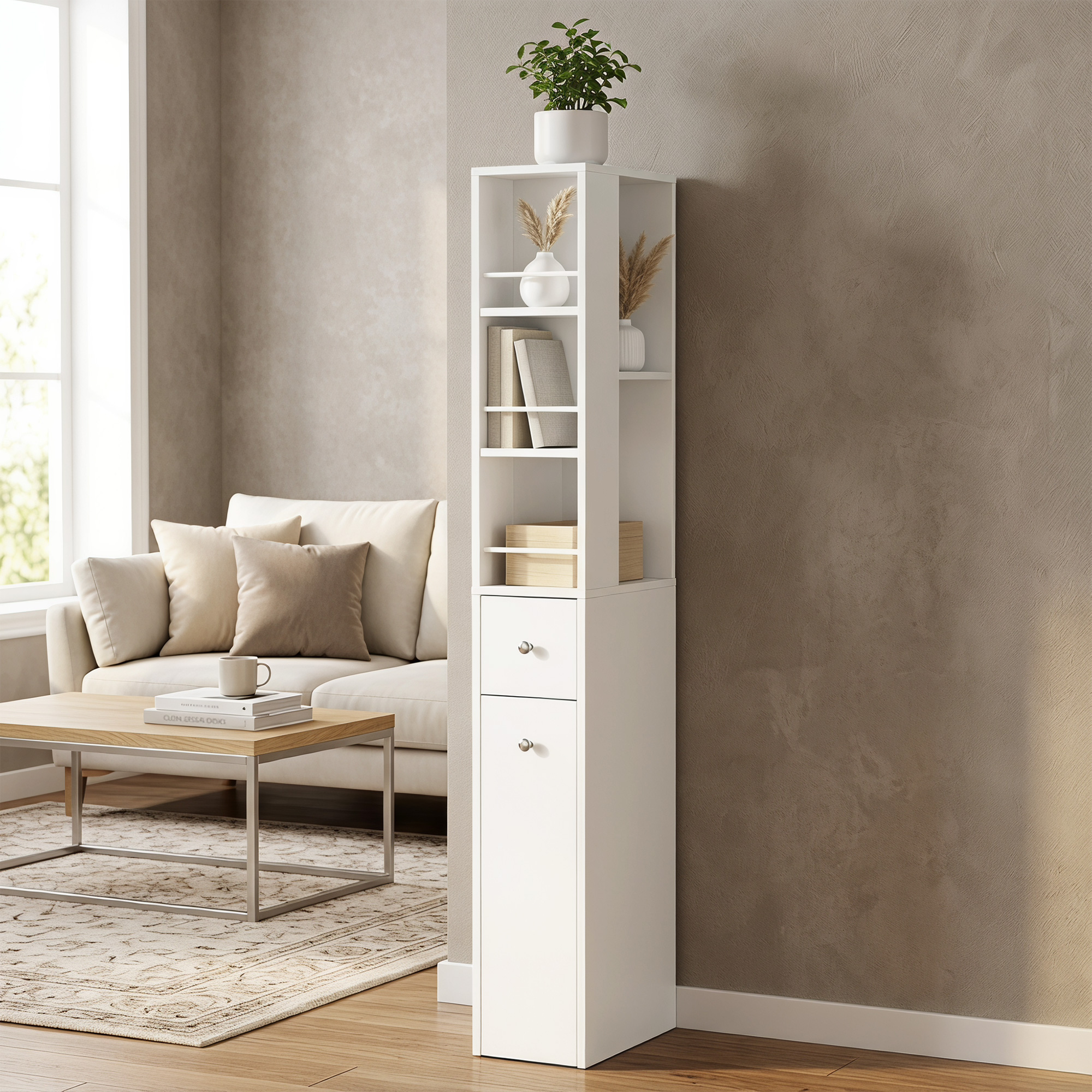 Schmaler hoher Badezimmerschrank, 135 cm Badschrank mit 2 Schubladen, weiß