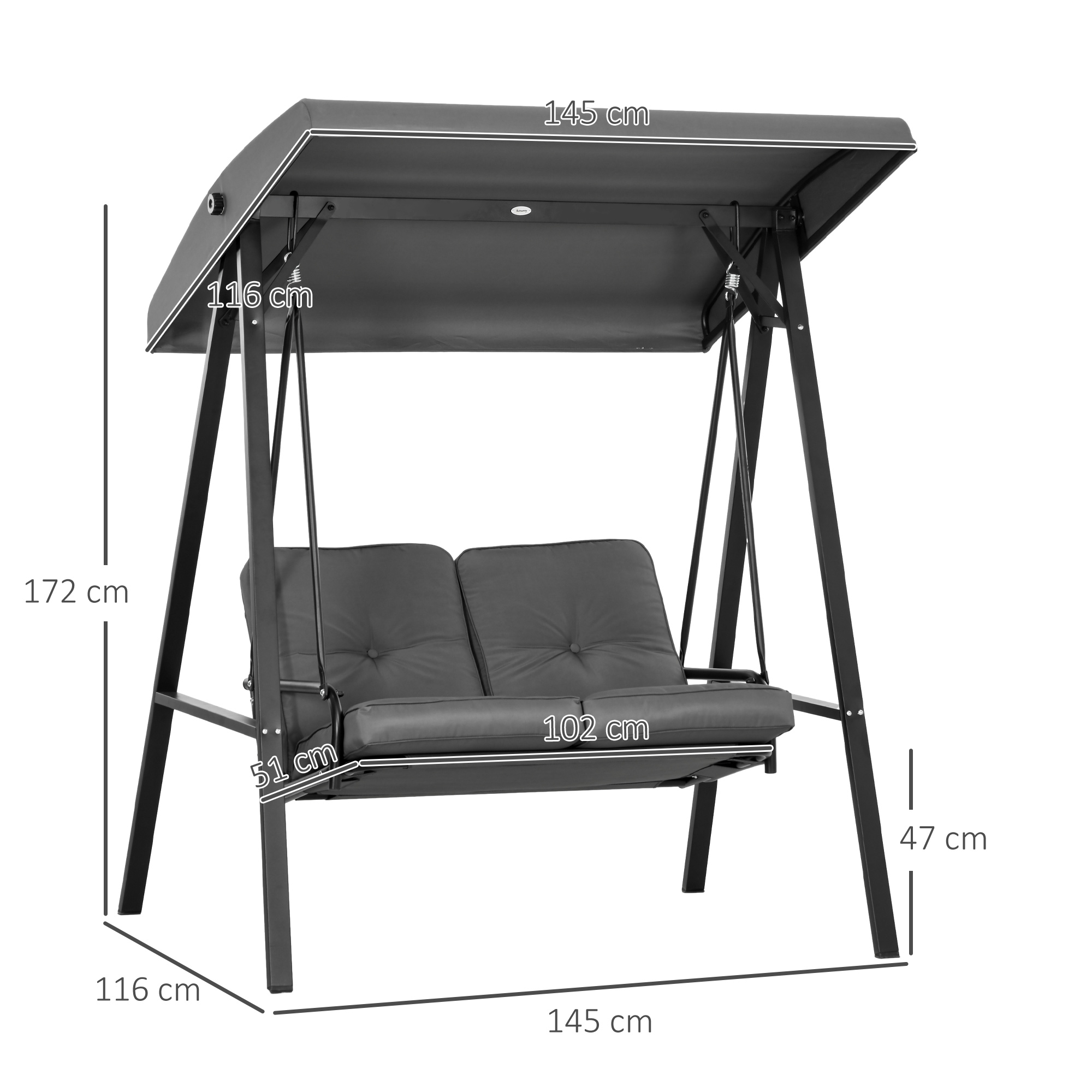 Hollywoodschaukel, 2-Sitzer Gartenschaukel mit verstellbarem Dach, bis 220 kg belastbar, 145 x 116 x 172 cm, Dunkelgrau