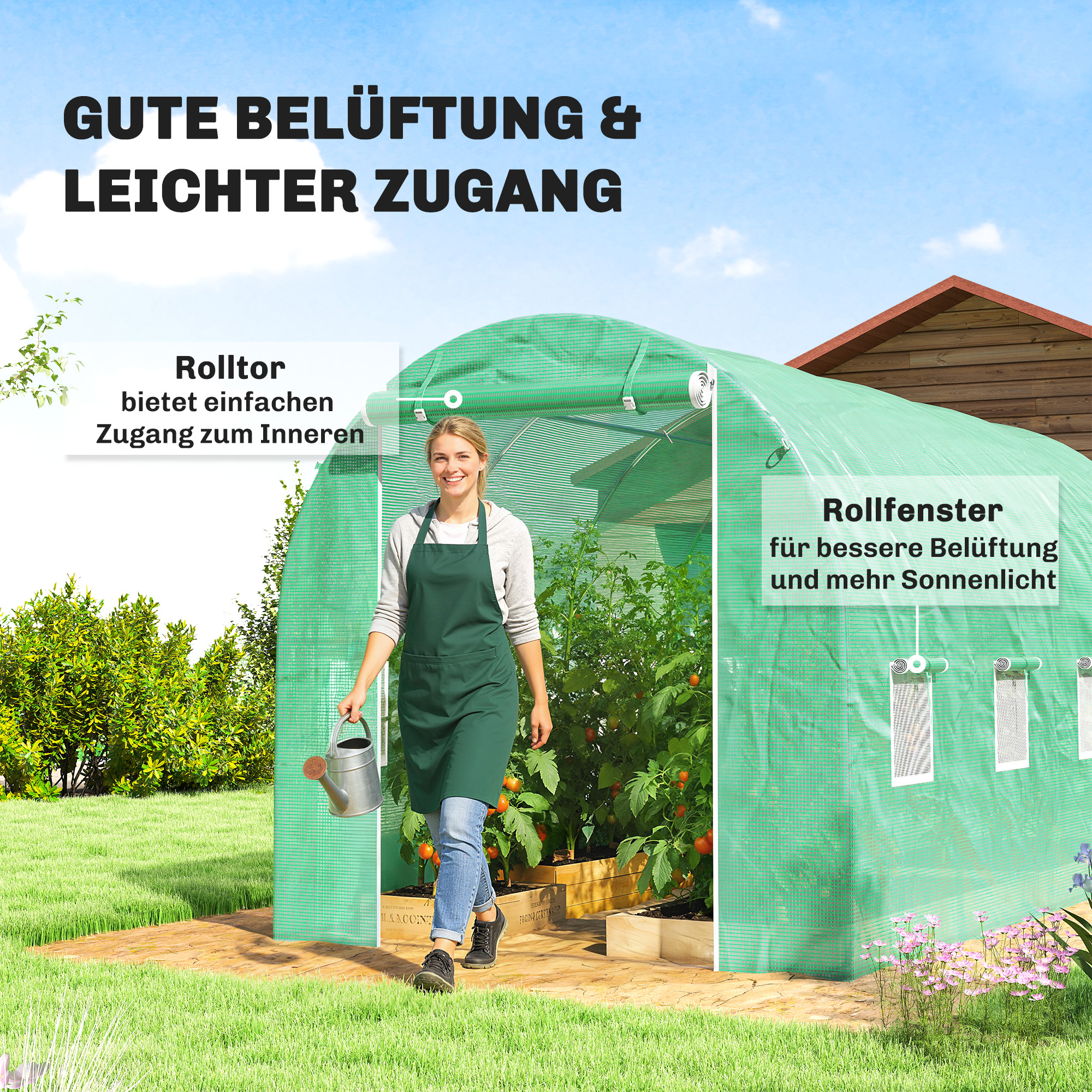 Gewächshausfolie 4 x 2 m, wasserdicht Gartenfolie mit Tür, 8 Fenster, UV Schutz, Reißfest Polyethylen NUR Folie Grün