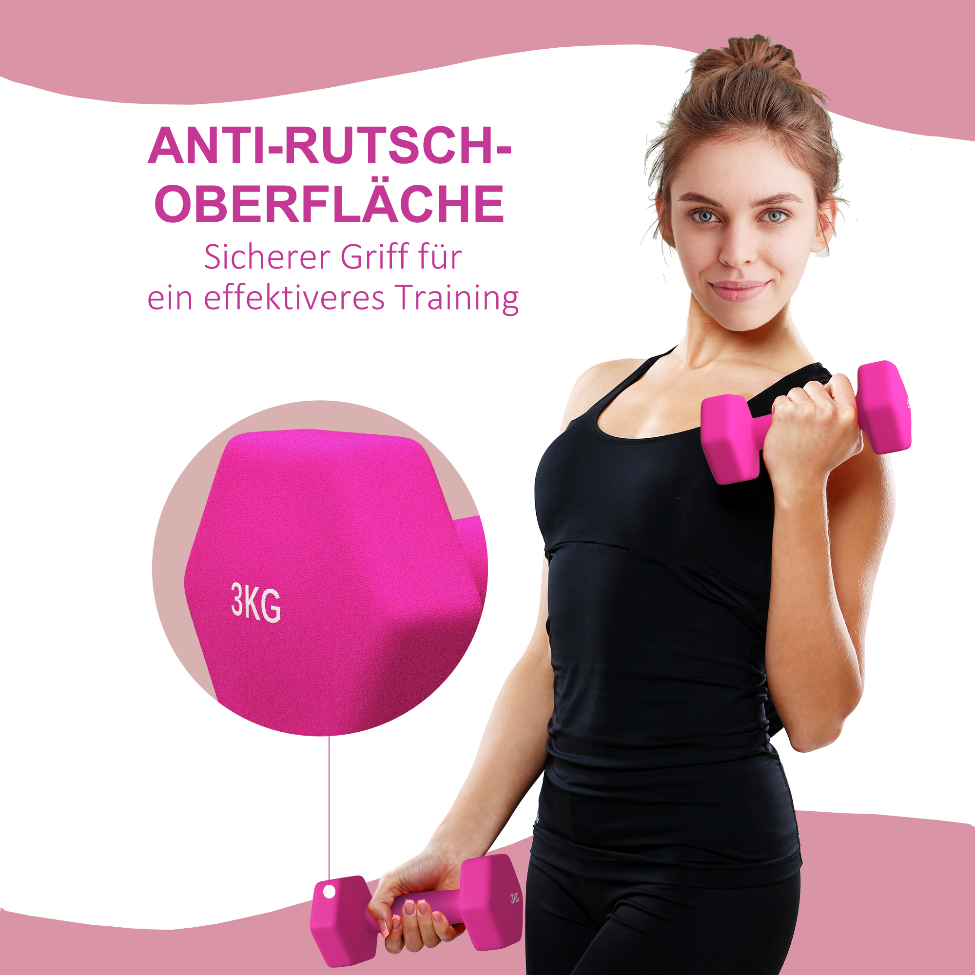 2 x 3 kg Kurzhantel-Set, sechseckiges Design, bodenfreundlich, rutschfest, Rosa