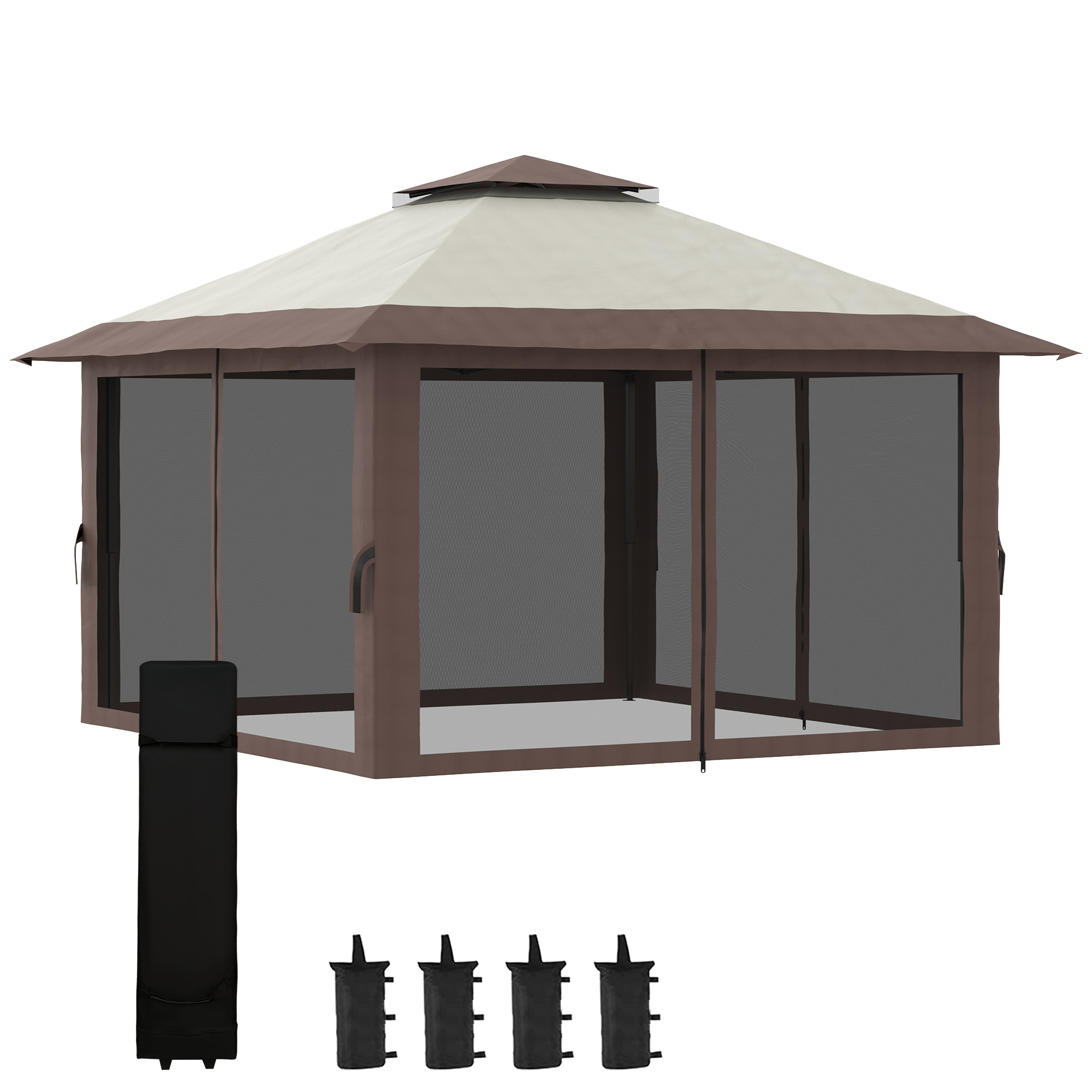 Faltpavillon, höhenverstellbar, 4 Netzwände, Lüftungsdach, Tragetasche, Schnellaufbau, 4 x 4 x 3 m, Beige