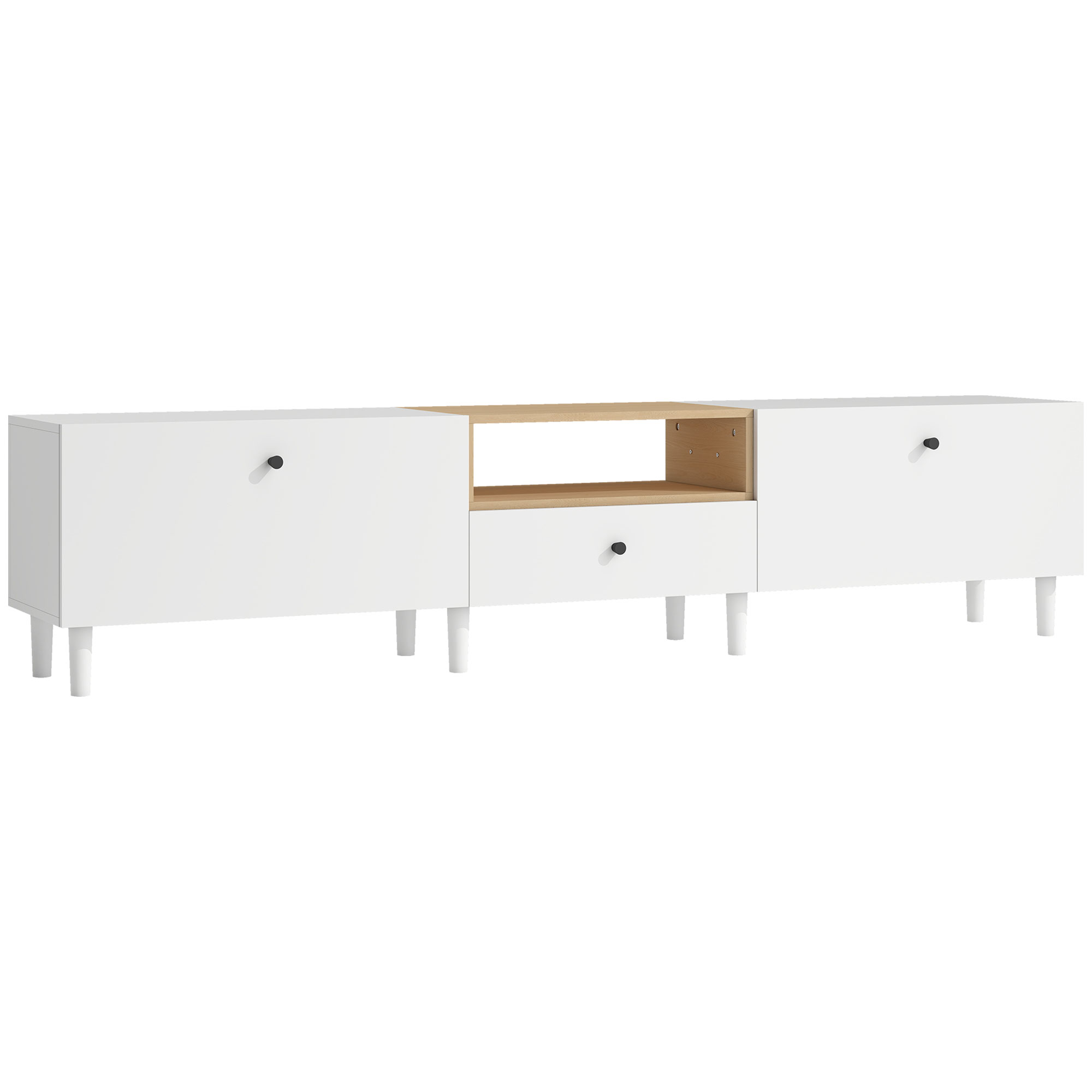 200 cm TV-Kommode für Fernseher bis zu 90 Zoll, 2 Klappenfächer, offenes Fach, Schublade, 8 Beine, Spanplatte, Weiß