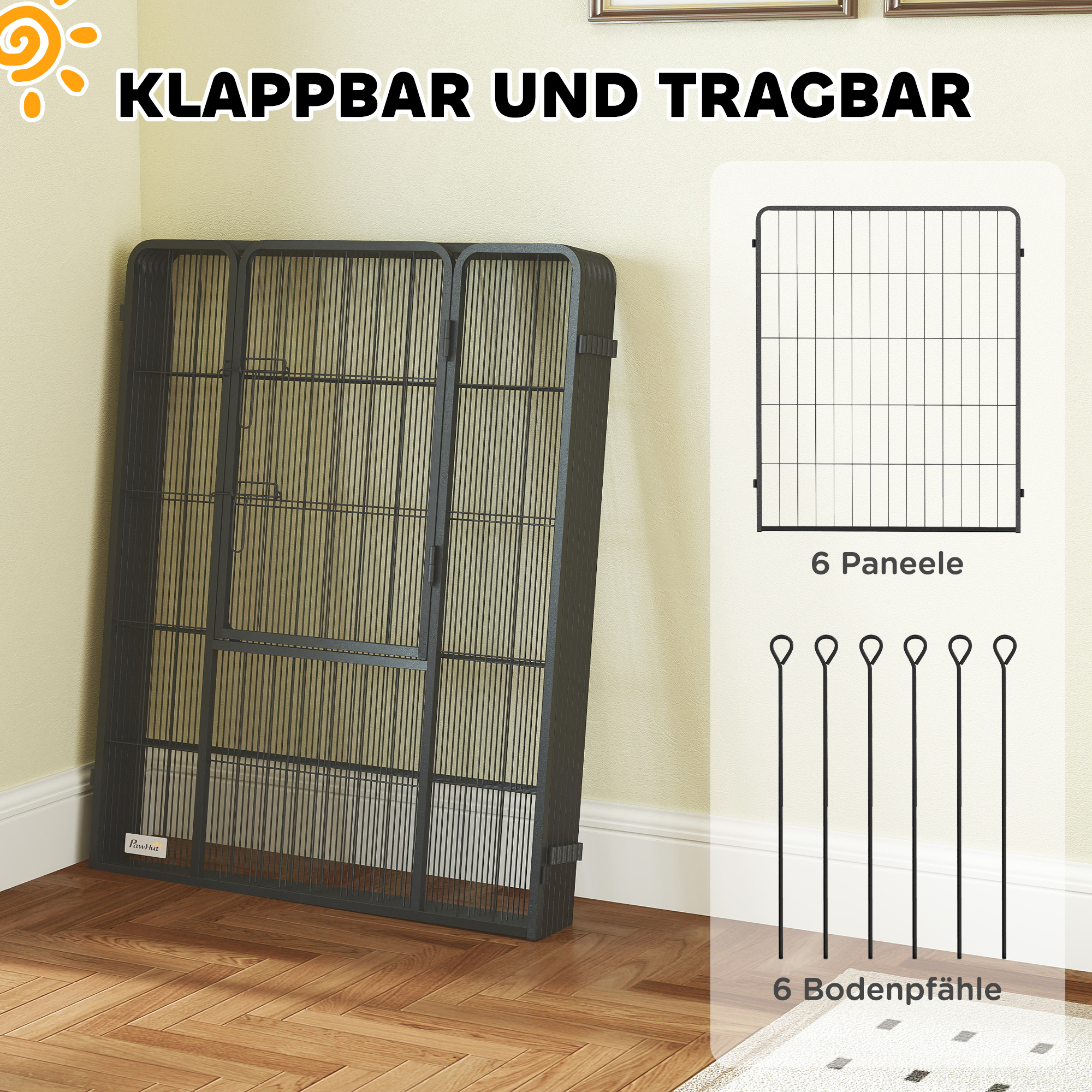 Hundezaun, Haustiergehege, 6 Paneele, Stahl, faltbar, Grau