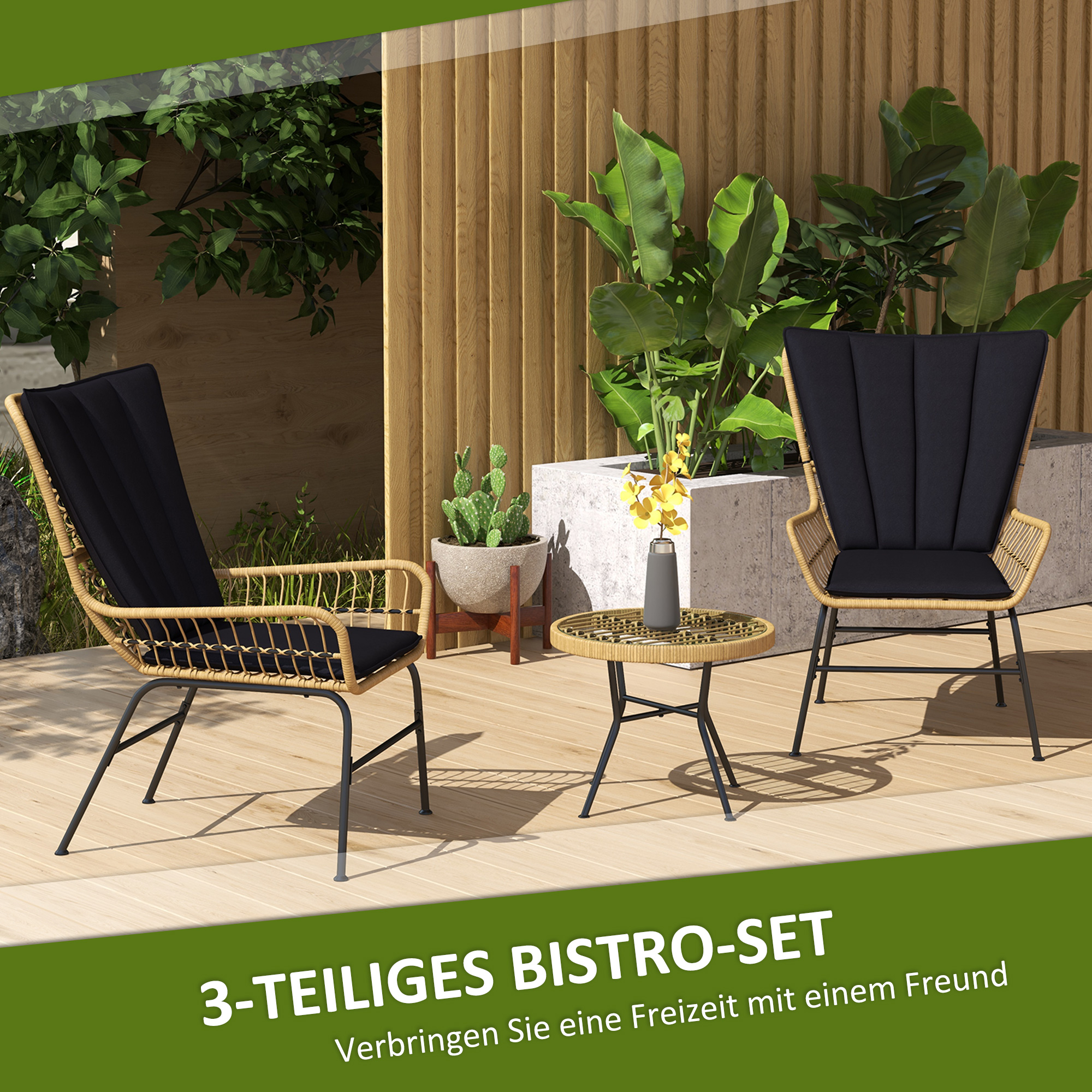 Bistro-Set Balkonmöbel-Set Balkonmöbel, Boho-Stil, wetterbeständig, 76 x 66 x 96 cm, Schwarz