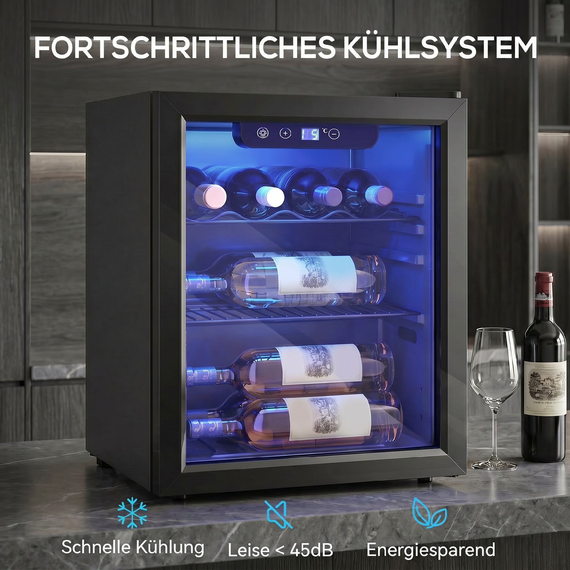 Weinkühler für 16 Flaschen, 48 L Kapazität, 4–16°C, Unterbau Kühlschrank für Getränke und Bier, mit Glastür, LED-Licht