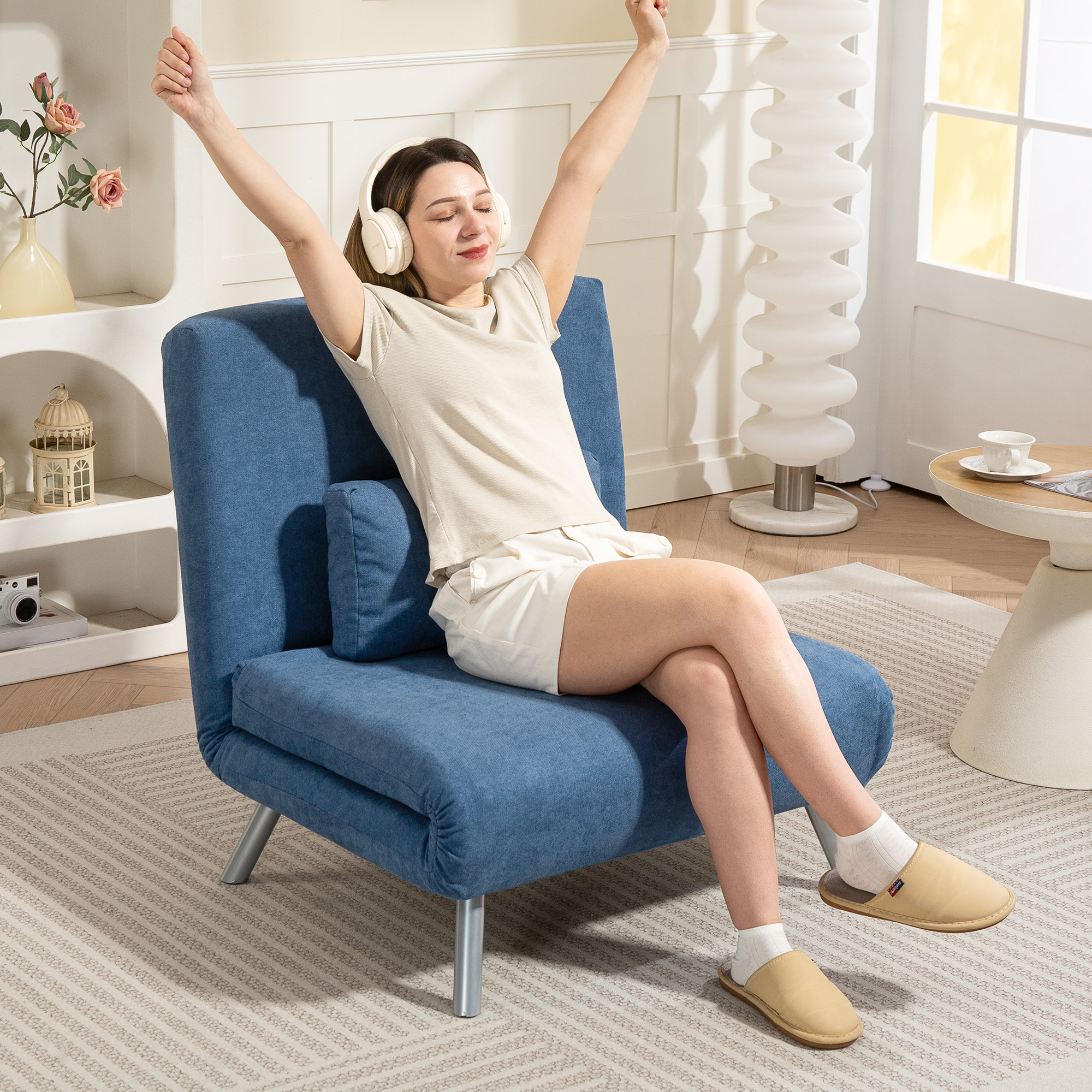 Polstersessel mit Bettfunktion, 3-in-1 Design, Schlafsessel, Gästebett, Stoffbezug, mit Kissen, Blau