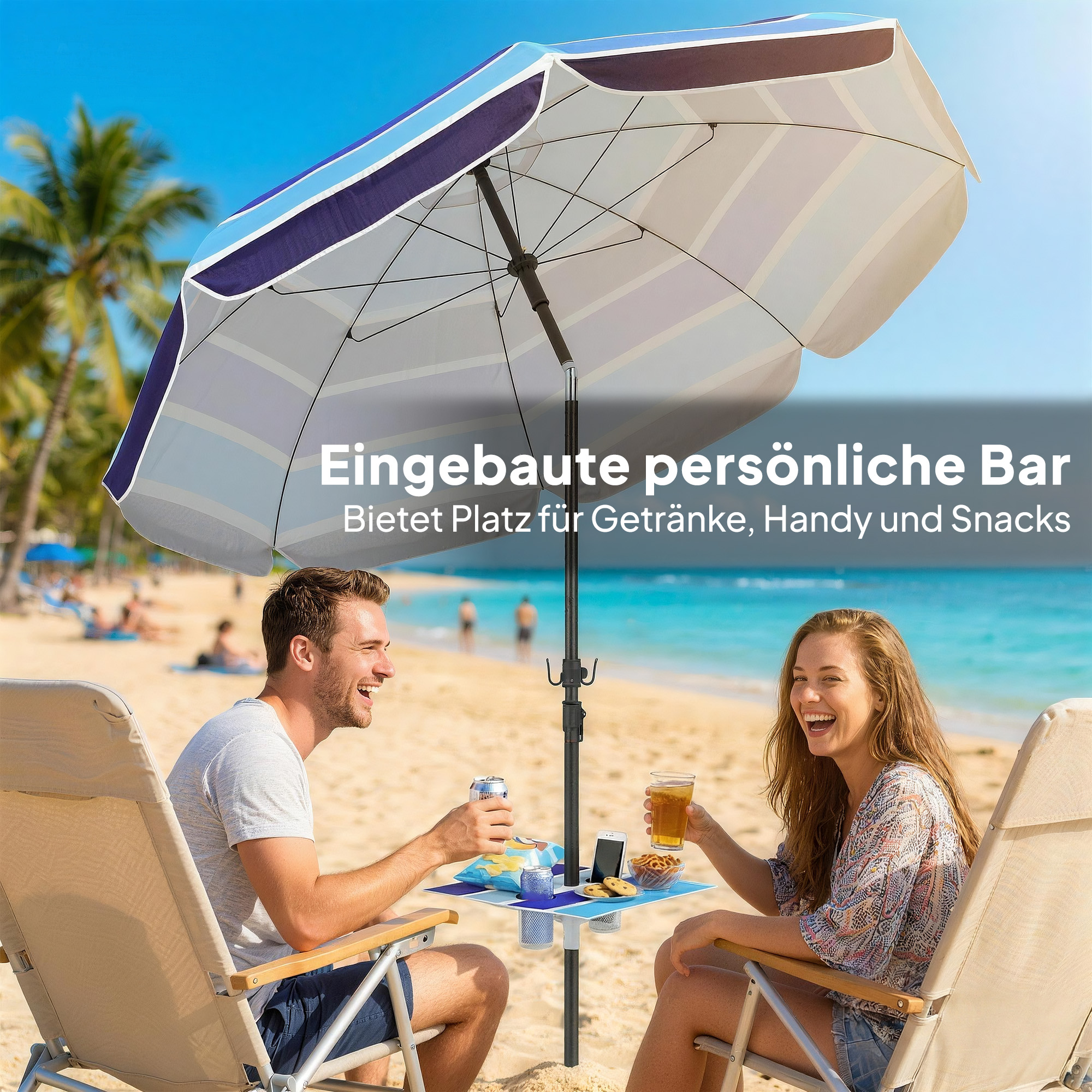 Sonnenschirm Strand Ø198 cm UV30+ Strandschirm mit klappbar Tisch Getränkehalter verstellbarer Neigung Mehrfarbig