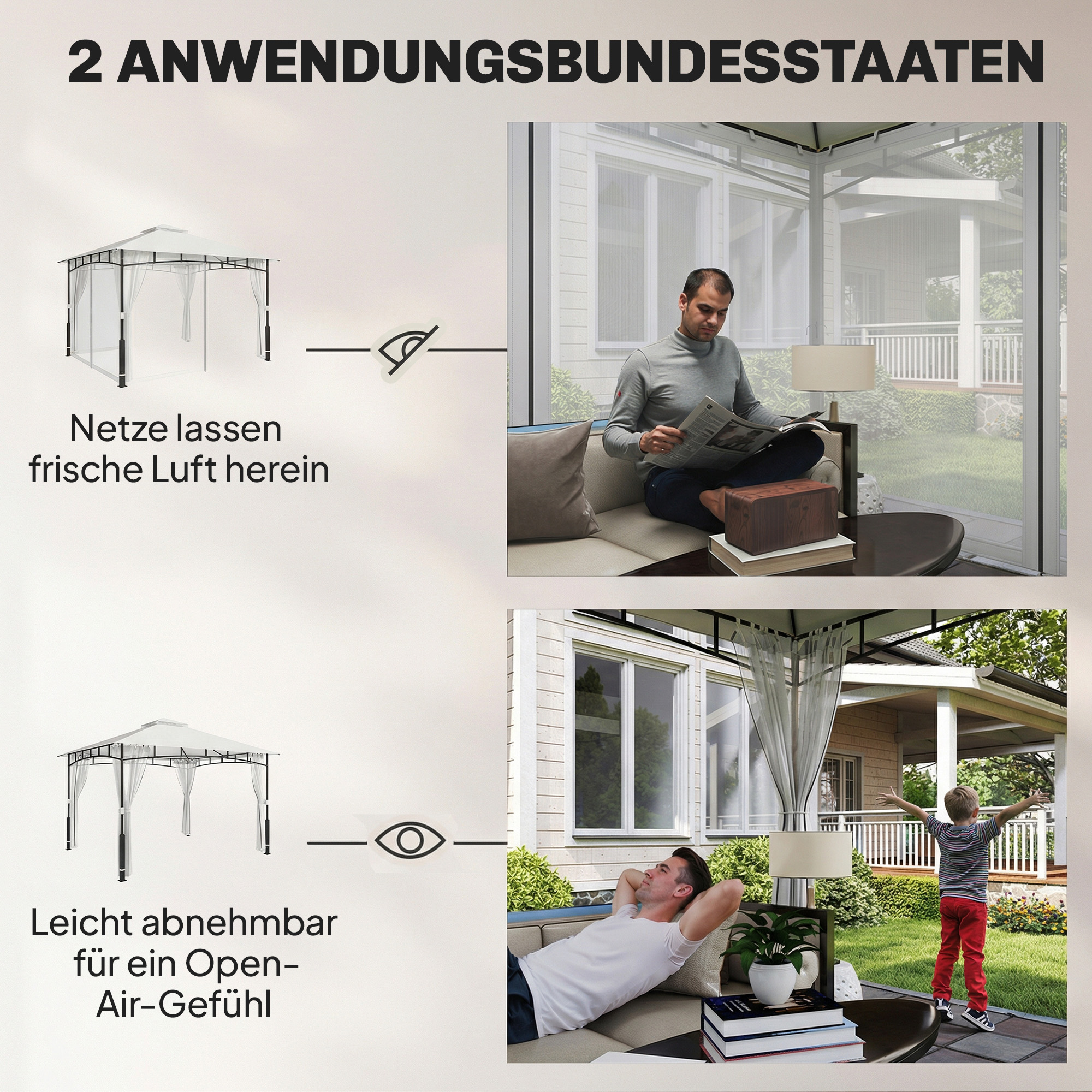 Pavillon, 3x3,6 m wasserabweisend Stabil Gartenpavillon mit Moskitonetz, Doppeldach, für Garten, Terrasse, Schwarz