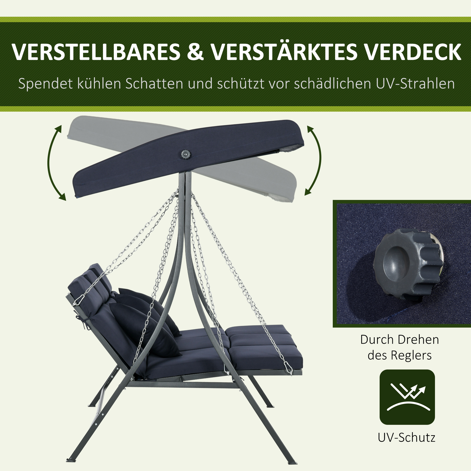 Hollywoodschaukel Gartenschaukel, 3 Personen, verstellbares Sonnendach, 198 x 118 x 168 cm, Dunkelgrau