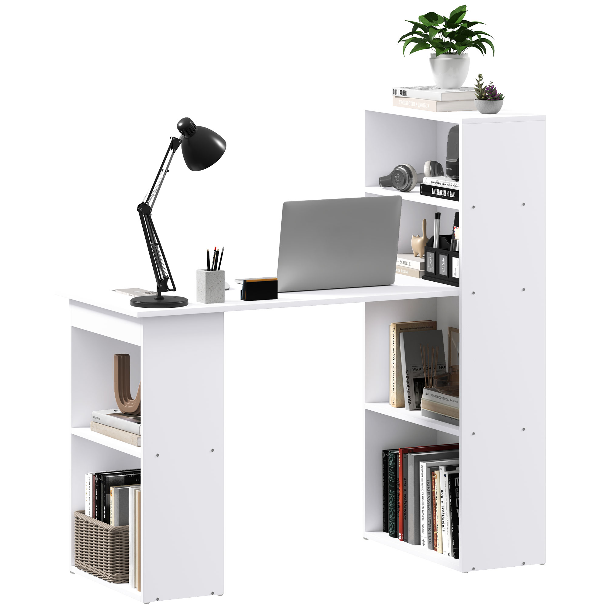 Schreibtisch Bürotisch Computertisch, 2 Regale, 5 Regalböden, 120 cm x 55 cm x 120 cm, Weiß