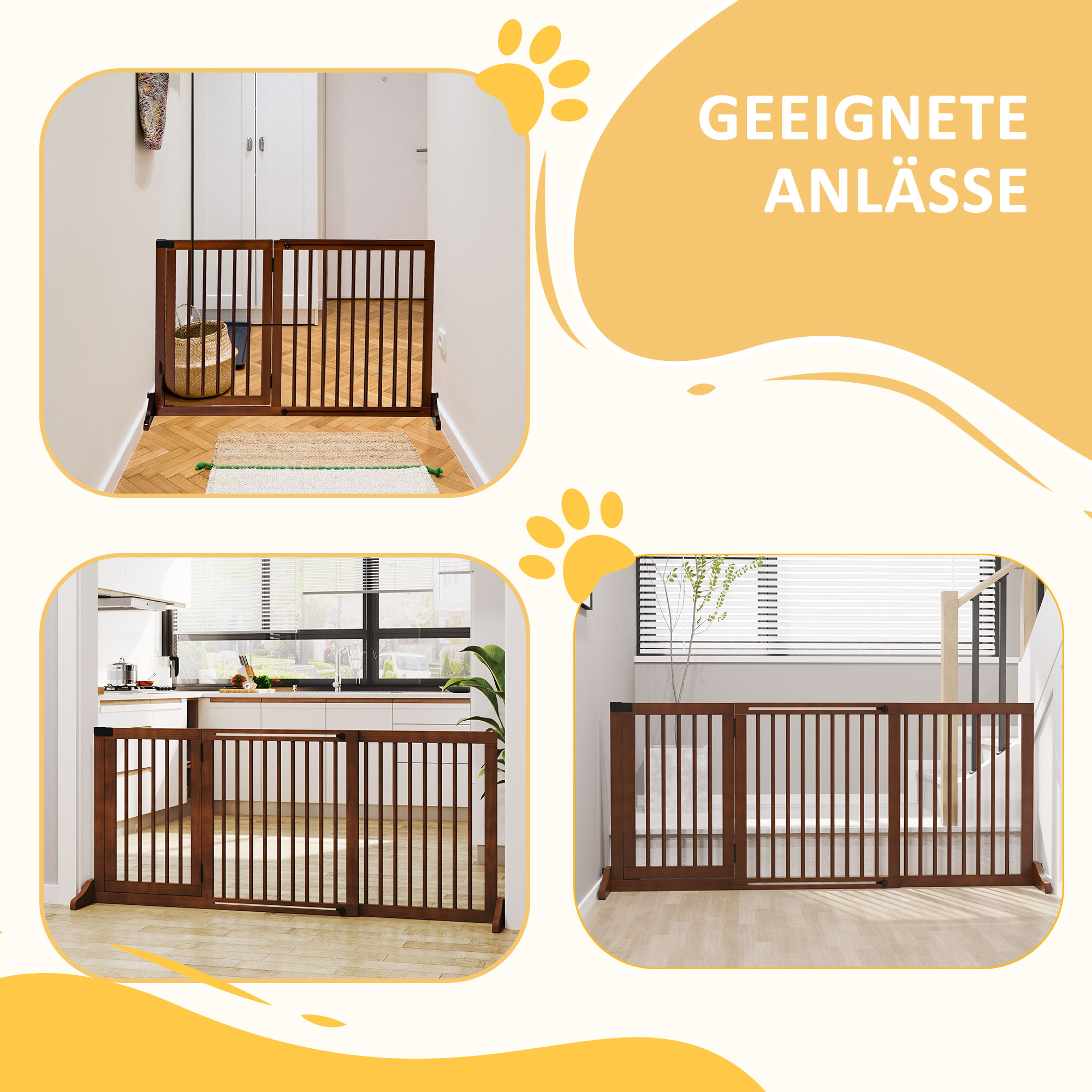 Absperrgitter Hunde Türschutzgitter Schutzgitter aus Holz Freistehendes Hundegitter mit Tür Hundeabsperrgitter Konfigurationsgitter für Kamin & Ofen Braun 113-166 x 36 x 71 cm