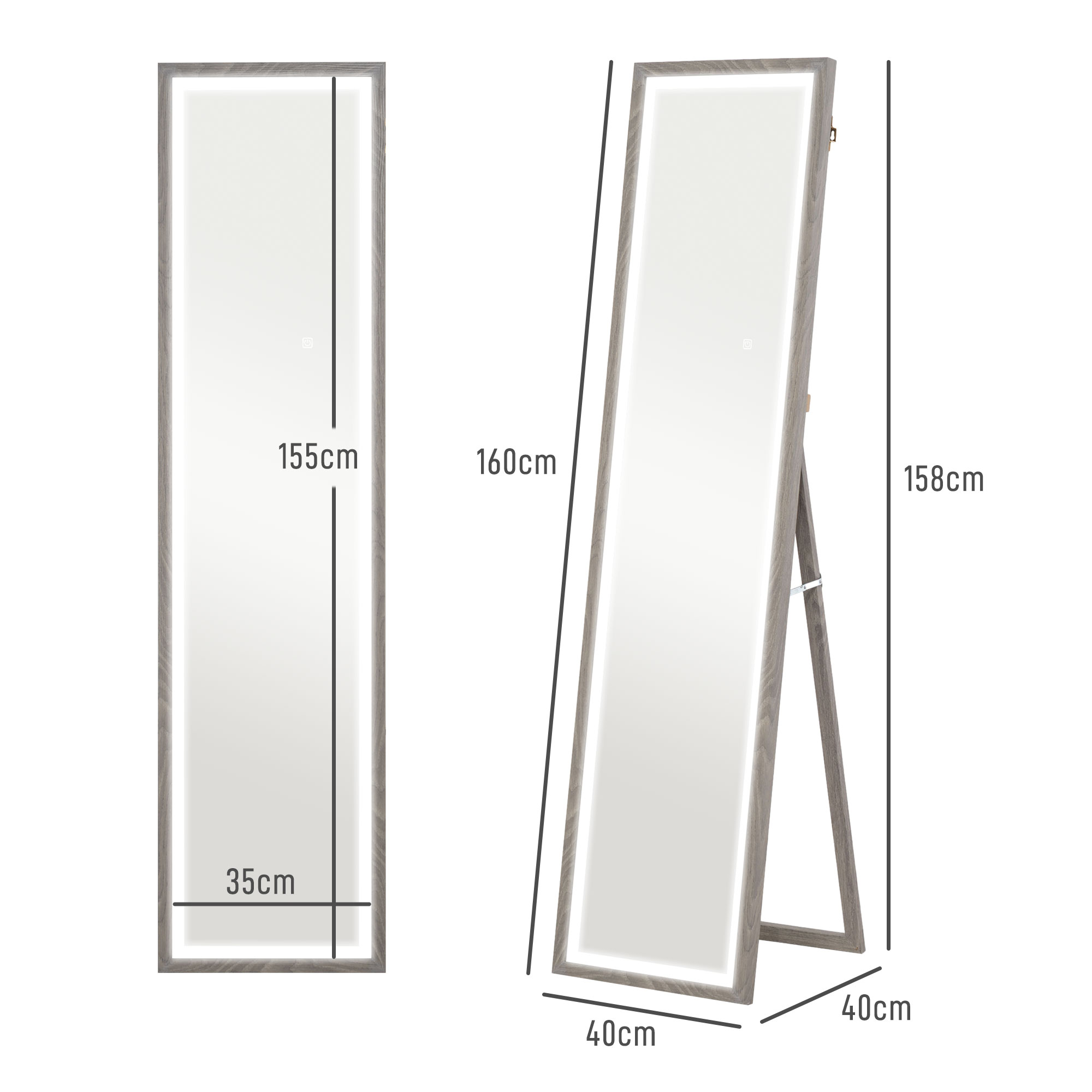 LED Ganzkörperspiegel, 40 x 160 cm, Touch-Steuerung, dimmbar, 3 Farben,  Grau