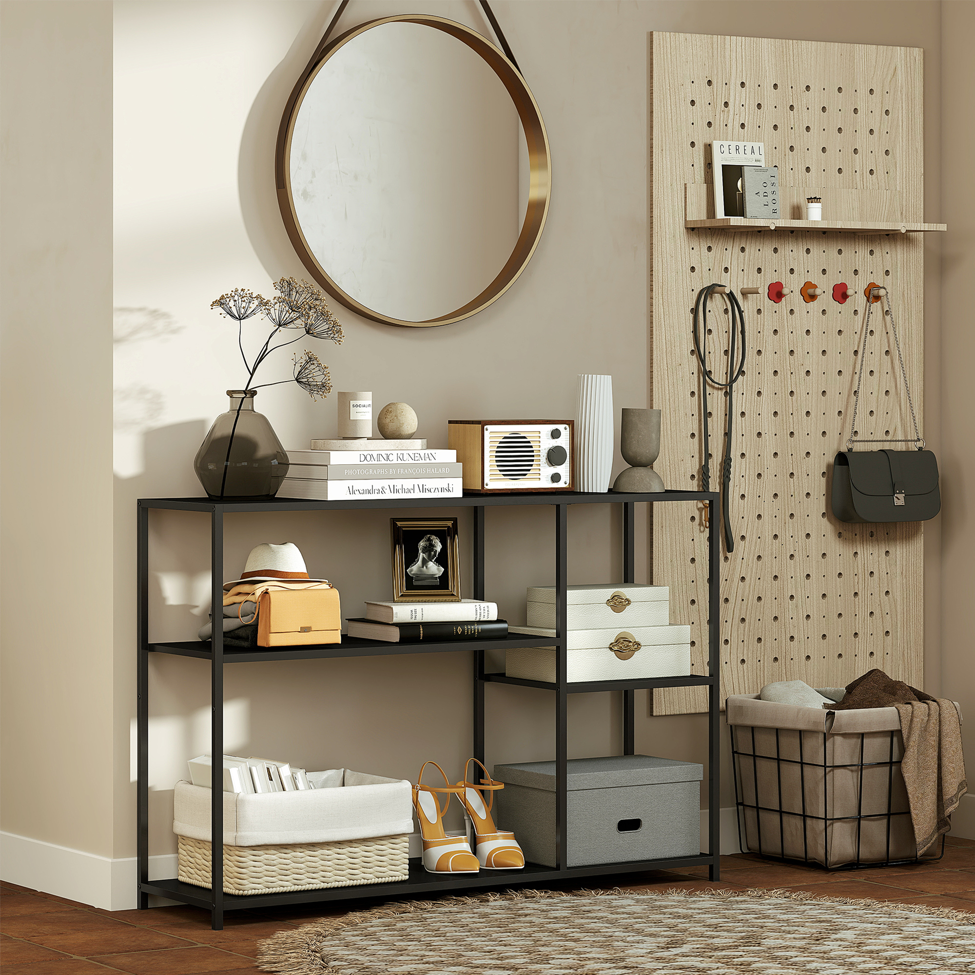 Konsolentisch, 4 Ebenen, Stahlrahmen, für Flur, Wohnzimmer, Schwarz