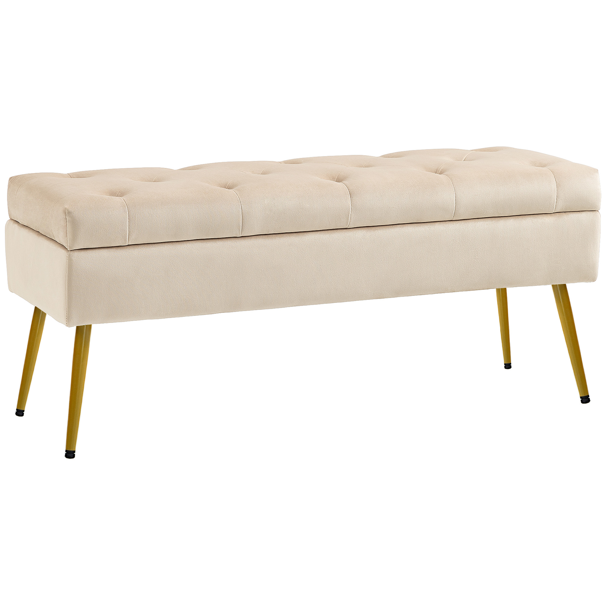 Stauraum-Sitzbank in Samtoptik, gepolsterter Fußhocker mit getuftetem Design, Metallrahmen, 102 x 35 x 43 cm, Beige