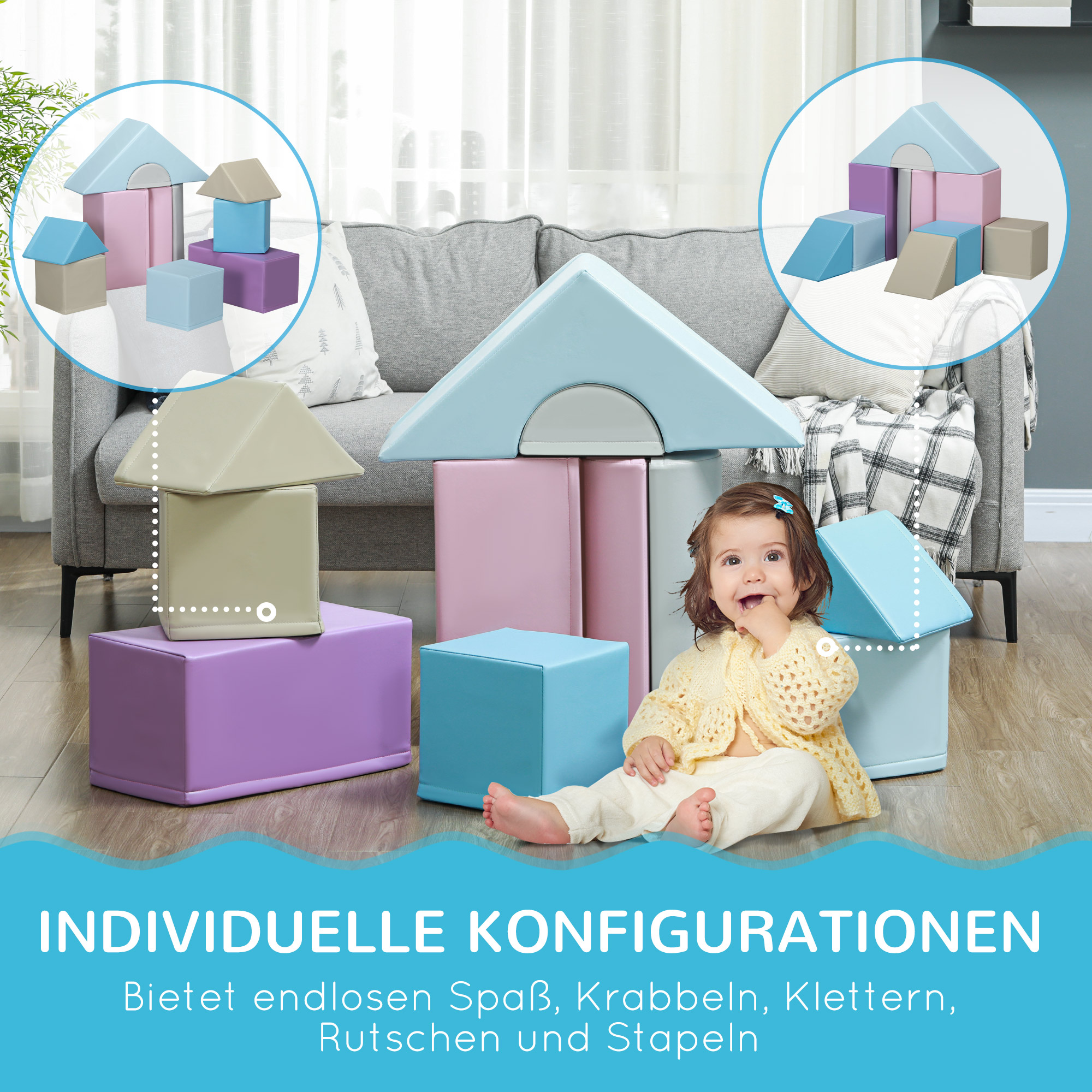 11-tlg. Softbausteinset, Schaumstoffbausteine zum Toben und Klettern, für Kinder, 1-3 Jahre, Kunstlederbezug, Bunt