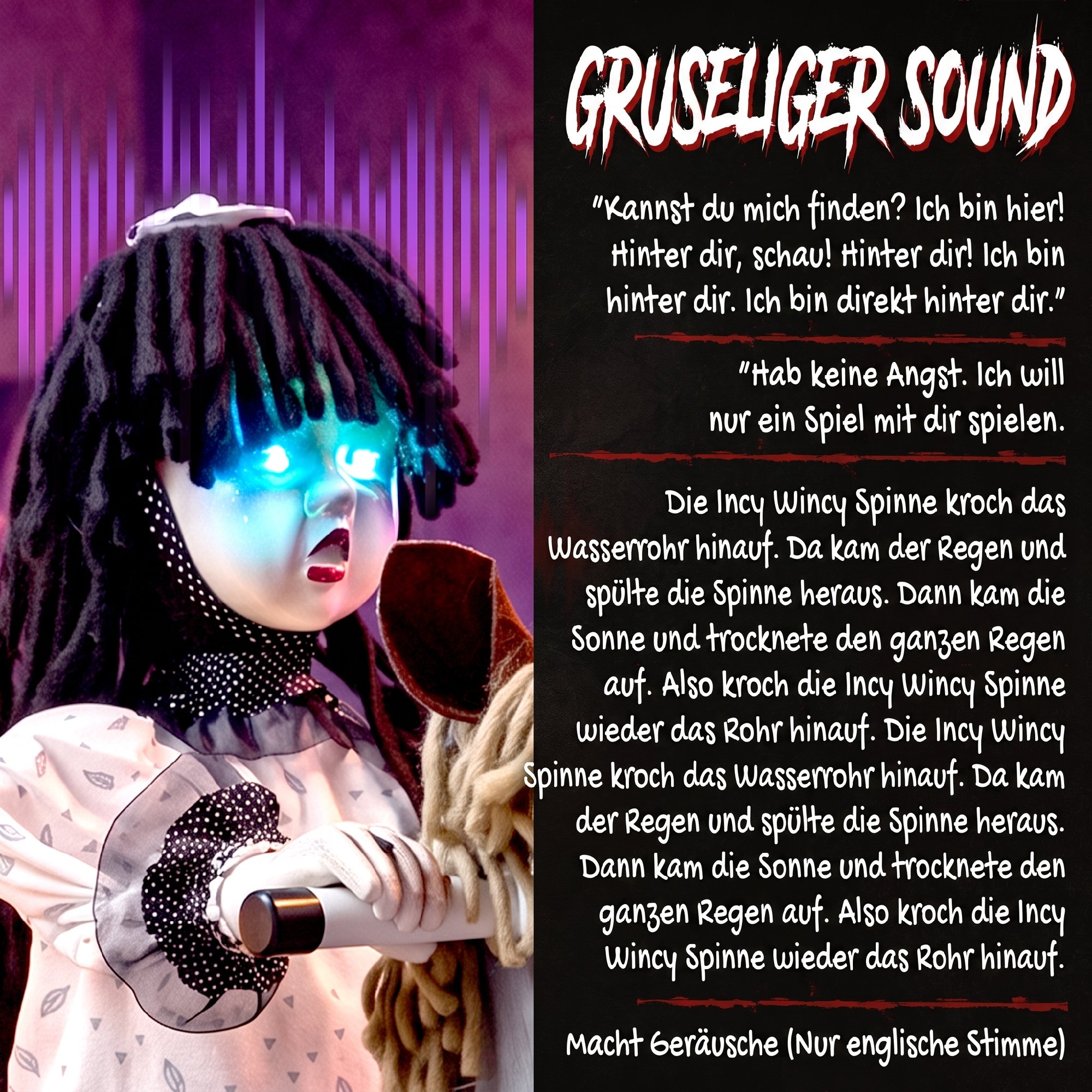 animiertes Halloween-Mädchen auf Schaukelpferd mit gruseligen Reimen, leuchtenden Augen und Sound-/Touch-Aktivierung