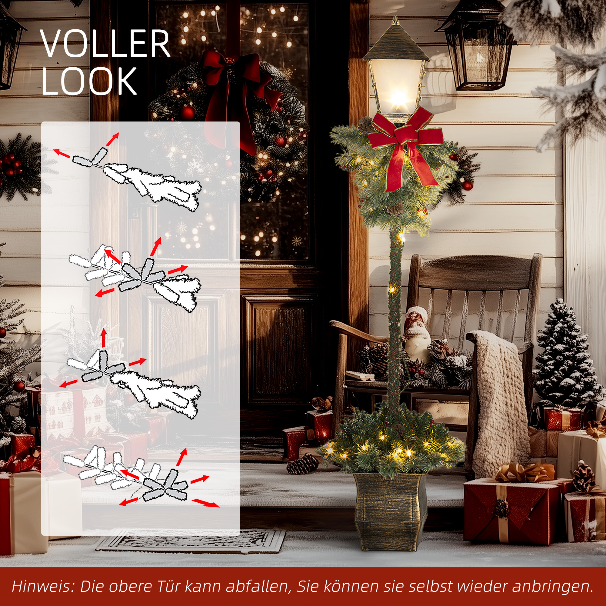 Weihnachtslaterne mit Beeren, Zapfen & Schleife, LED-Lichter, Metallmast, 150 cm