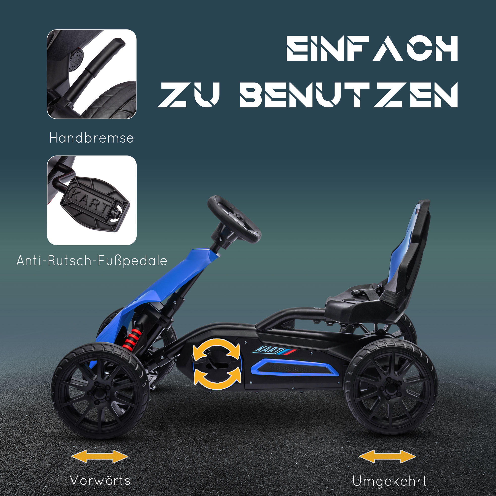 Go Kart Pedal Go Kart Rückwärts-uns Vorwärtsgang, für Kinder von 3 bis 8 Jahren, Blau