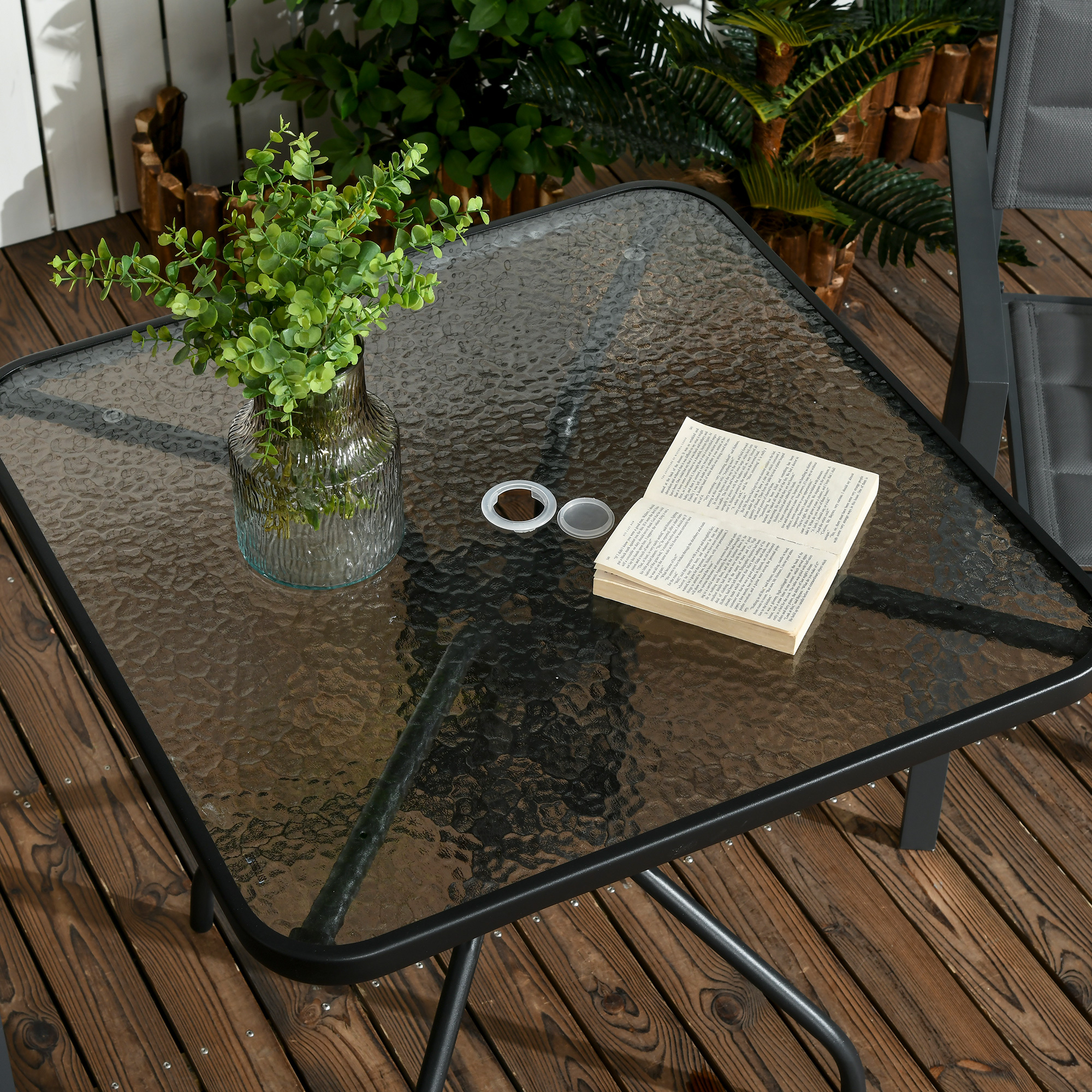 Gartentisch Abnehmbar Metall 76x76 cm Wetterfest Balkontisch mit Schirmloch, rutschfest Schwarz