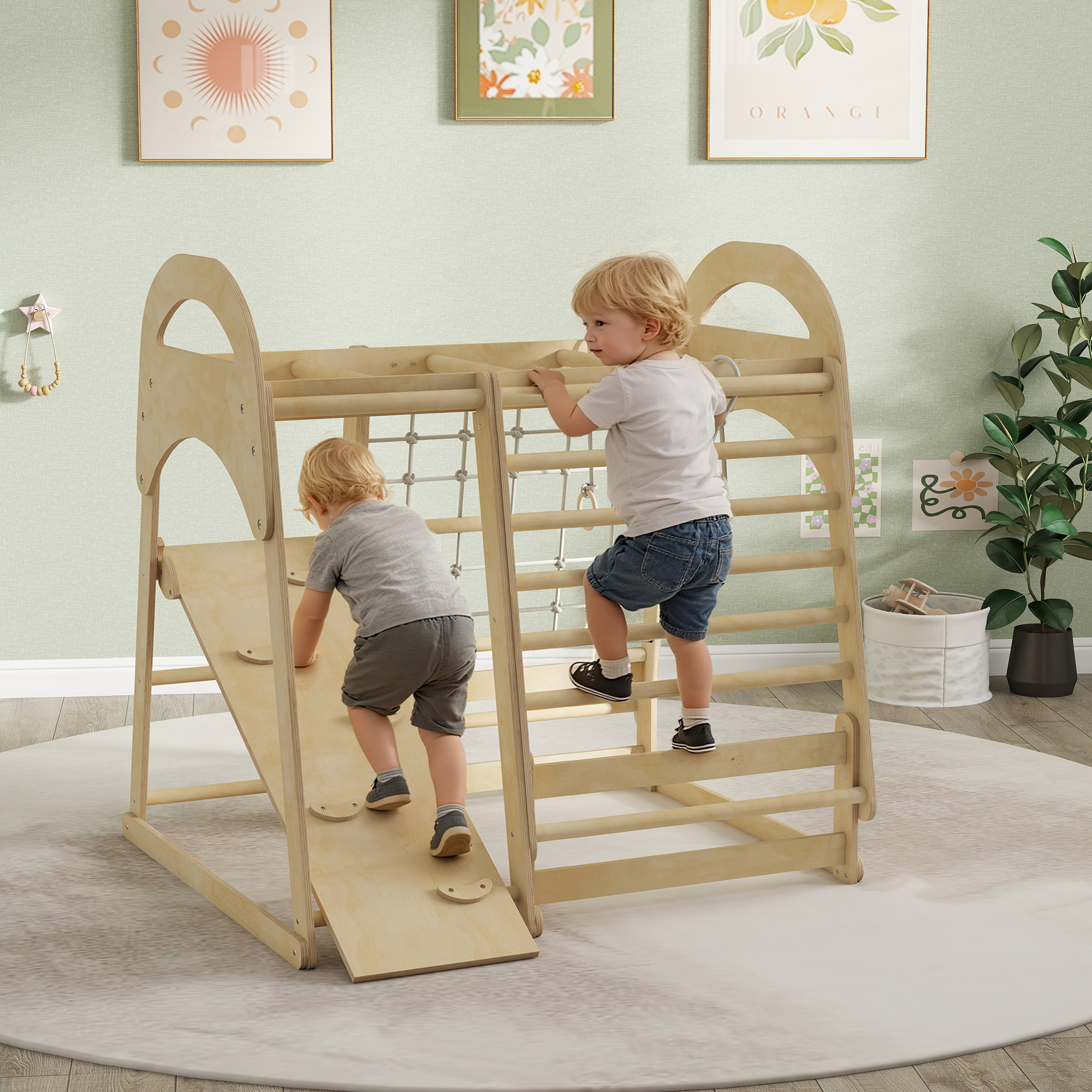 Indoor-Klettergerüst, 6-in-1 Design, Rutsche, Kletterstangen, Kletterwand, Leiter, Kletternetz, 3-6 Jahre, Holz