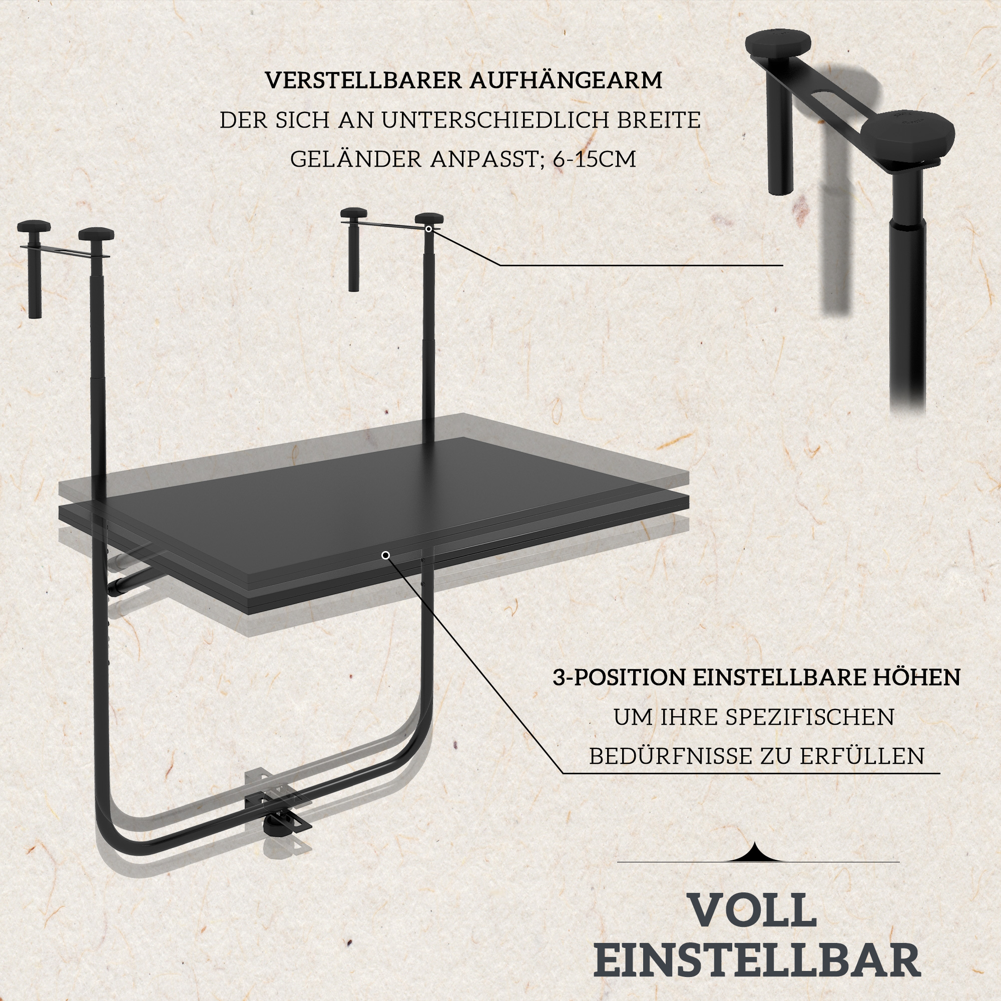 Balkontisch, für Geländer 6-15cm Dicke, verstellbar, klappbar, rostfreies Metall, 62x60x85,5cm, Schwarz