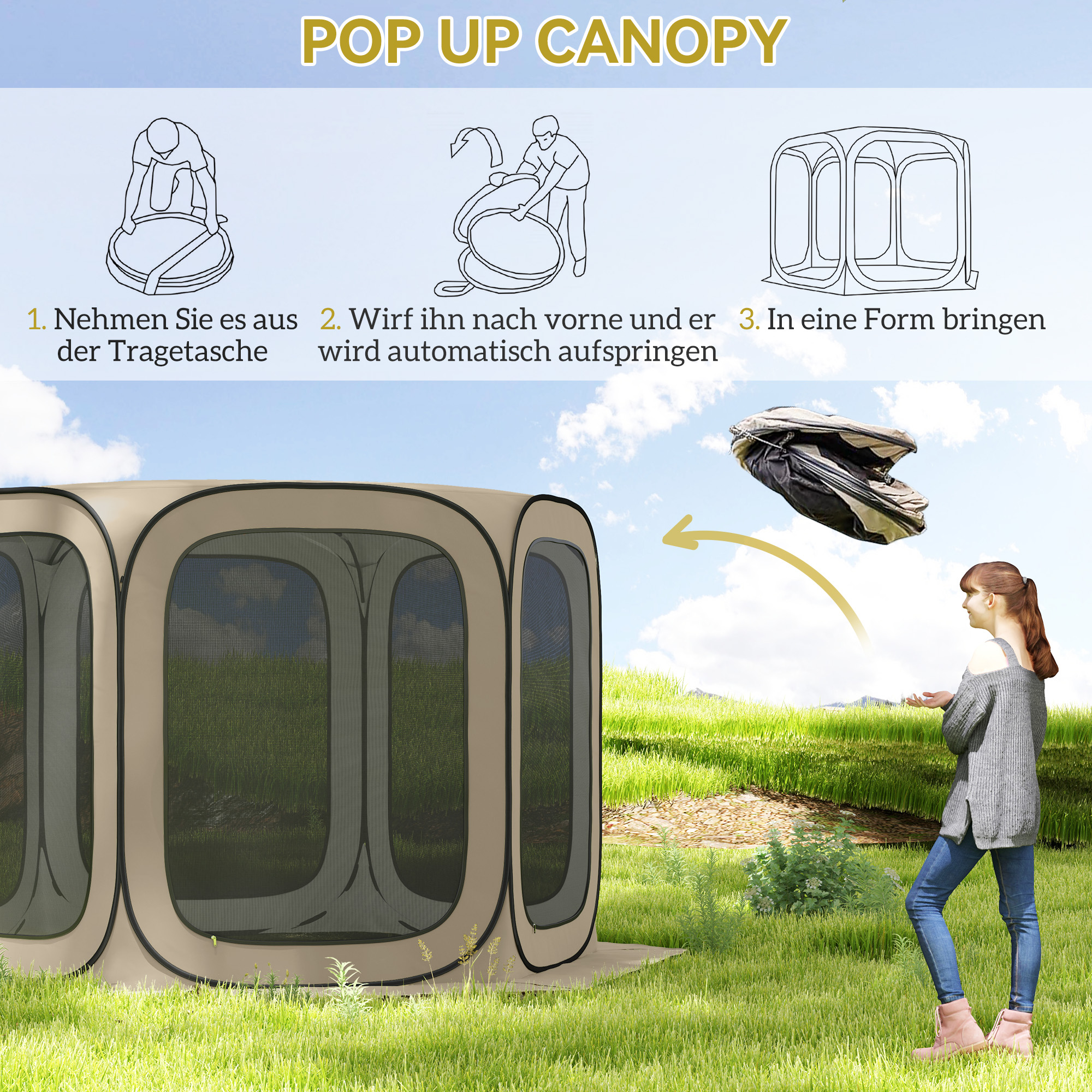 Pop-up-Campingzelt, tragbar, UPF50+ Schutz, Netz-Seiten, Stahldraht, Khaki