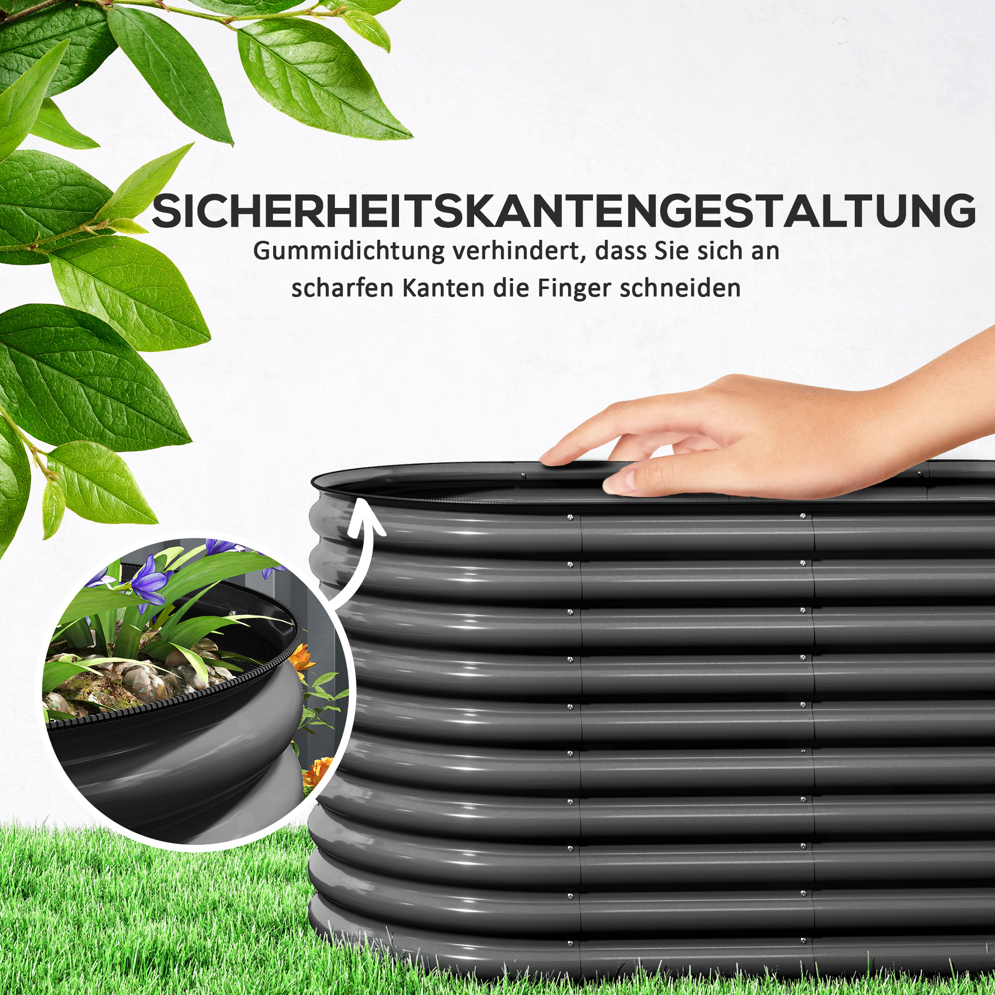 Pflanzkübel, Metall-Blumenkübel mit Sicherheitskante und Handschuhen, offener Boden, 160B x 80T x 80H cm, Dunkelgrau