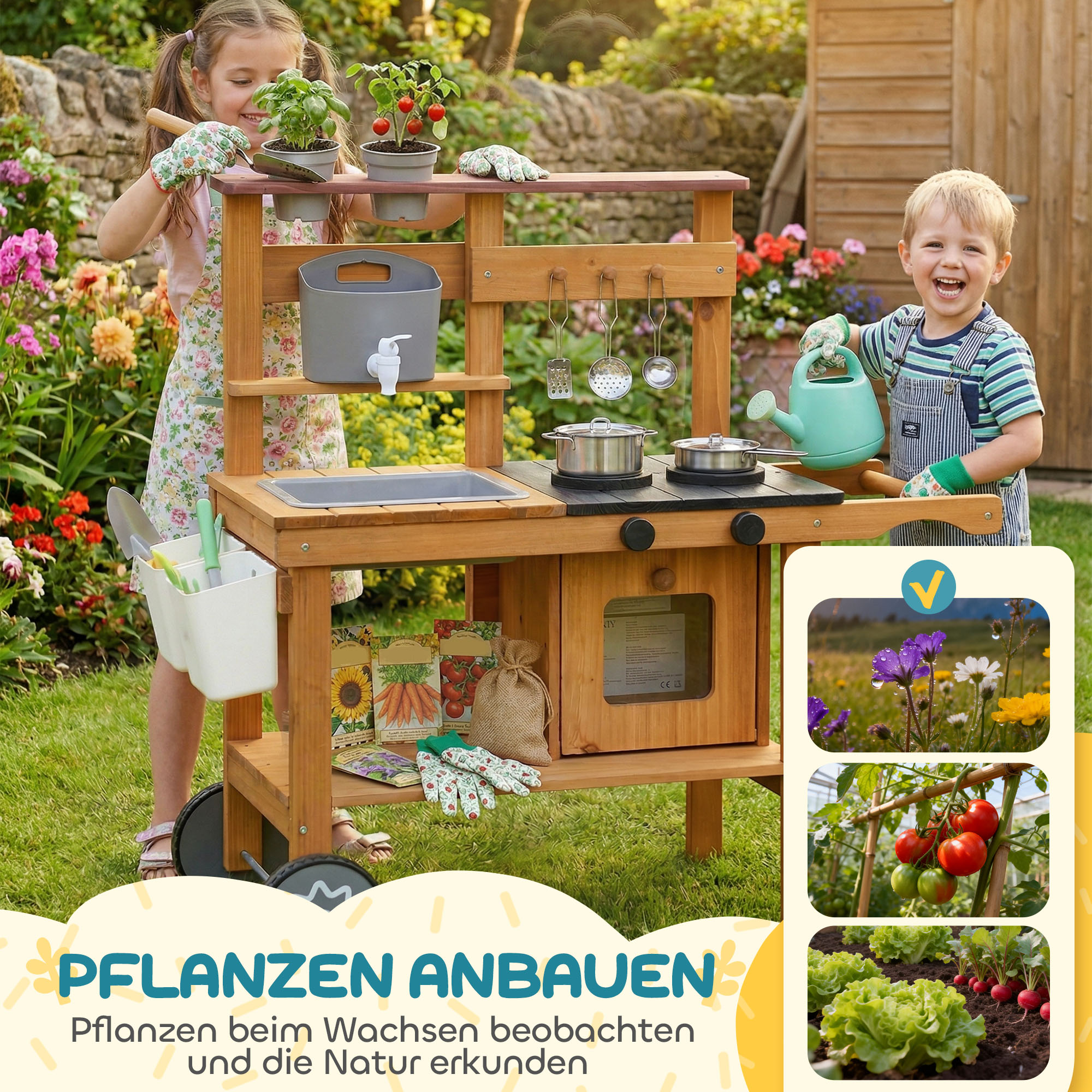 Matschküche Kinder Outdoor Spielküche aus Holz mit Wasserhahn Spüle Pflanzkasten Rädern Stauraum für 3-6 Jahre Braun