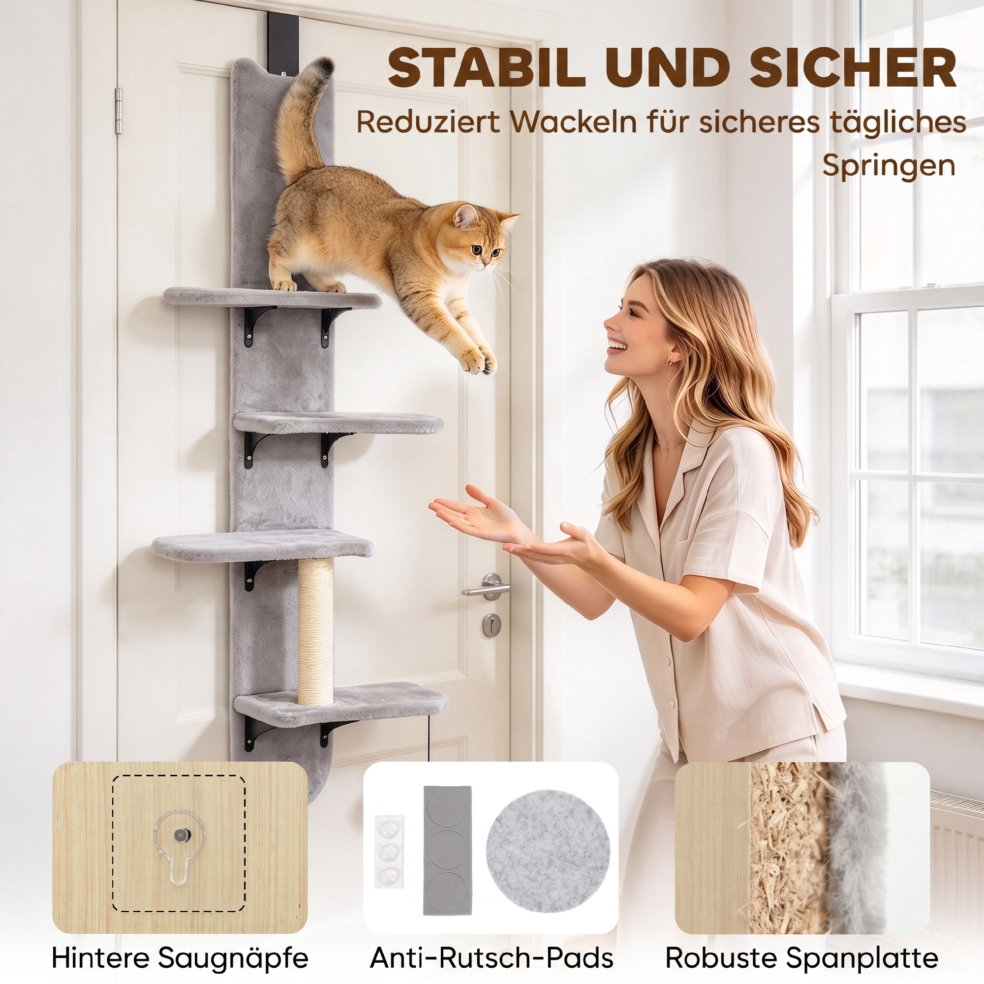 Katzenkletterwand für die Tür Wandkratzbaum mit Sisal-Kratzstamm in Hellgrau