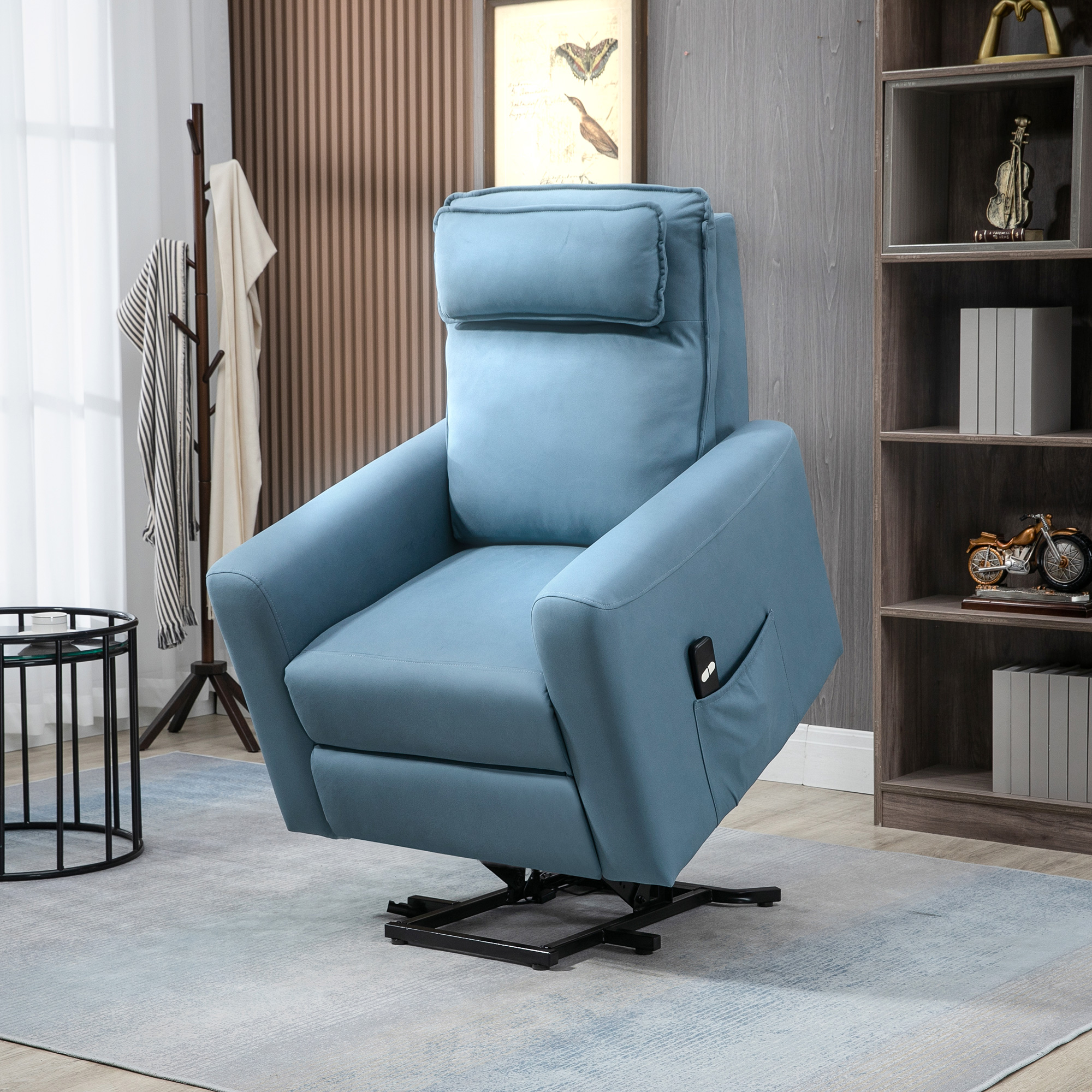 Aufstehhilfe Relaxsessel Fernsehsessel, integrierte Fußstütze, Seitentasche, Kabelfernbedienung, 84 x 89,5 x 105 cm,Blau