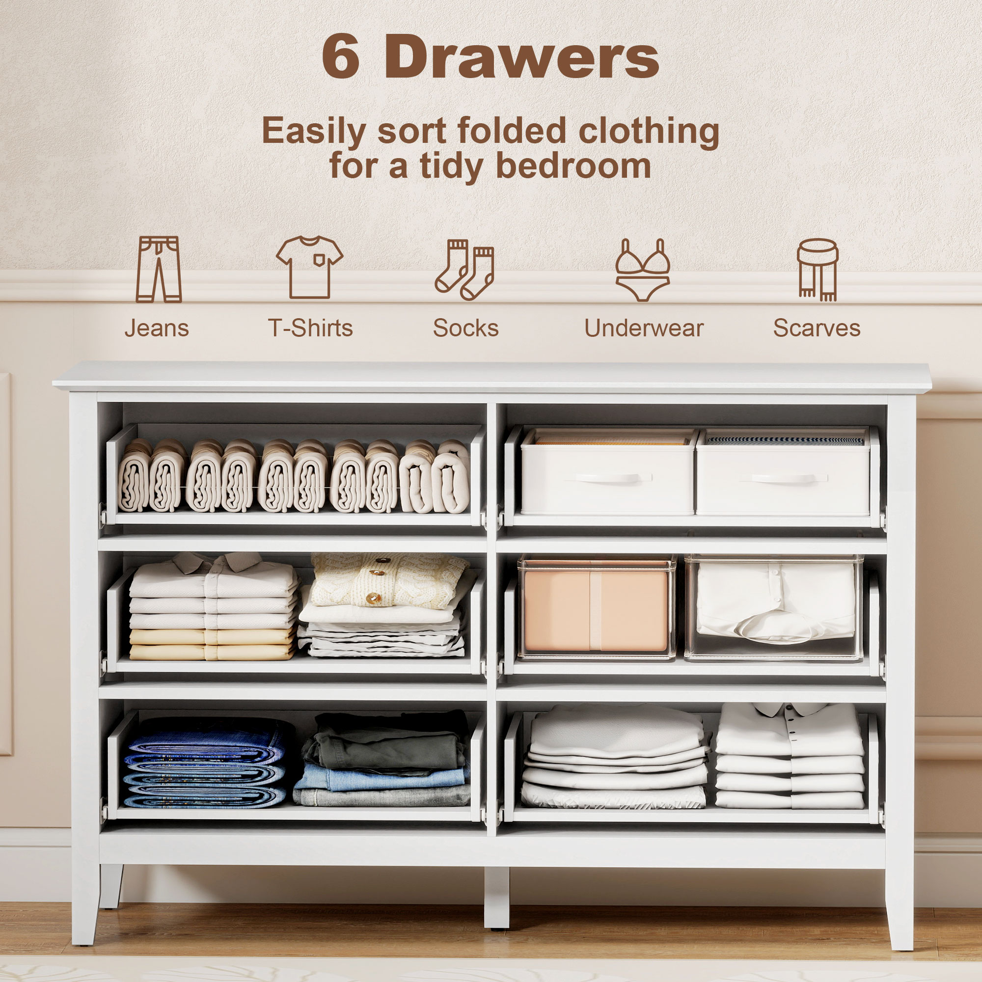 Kommode Sideboard mit 6 Schubladen Moderner Aufbewahrungsschrank für Wohnzimmer Schlafzimmer Flur 100 x 40 x 78 cm Weiß