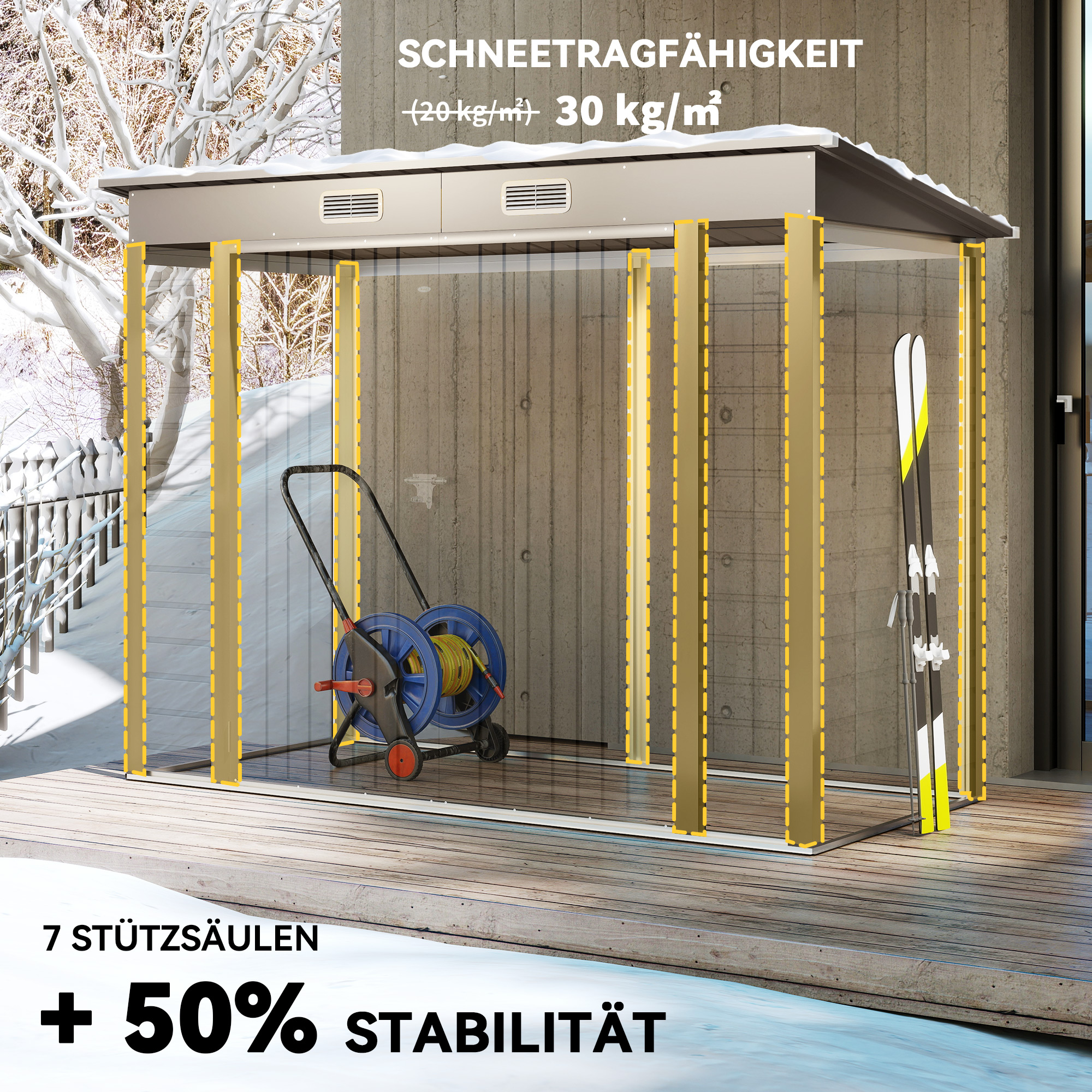 Metallgartenschuppen, Geräteschuppen, Doppeltür, 249 x 121 x 166/183cm, Hellgrau