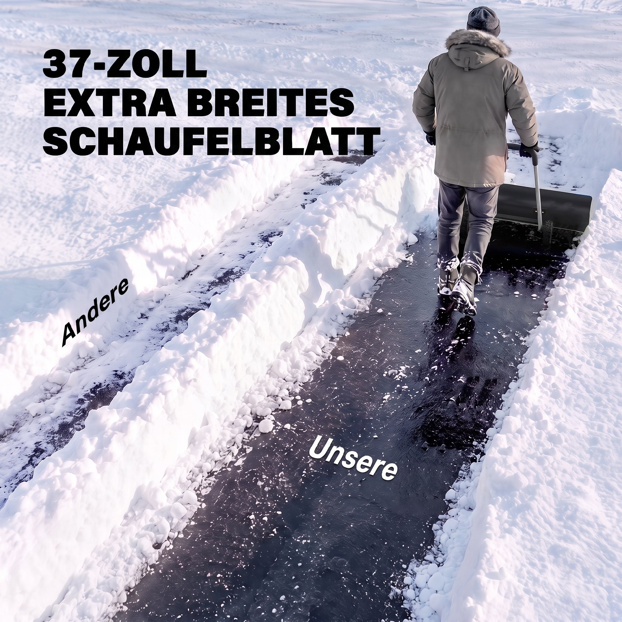 Schneeschieber groß 95 cm extra breit Aluminium Schneeschaufel mit Rädern verstellbar & rutschfest Griff, angewinkelt