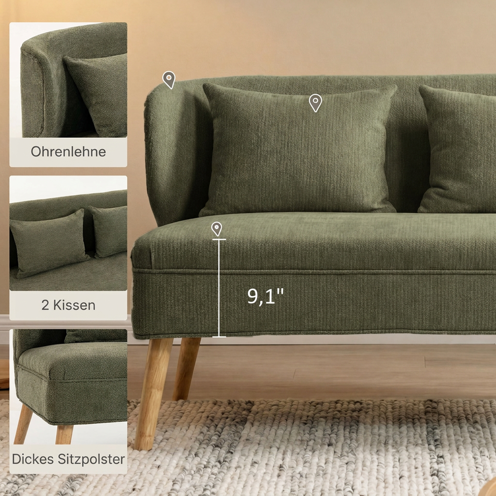 2-Sitzer-Sofa, kleines Chenille-Sofa mit Flügelrücken, dickem Sitz, Gummibaumholzfüßen, Dunkelgrün