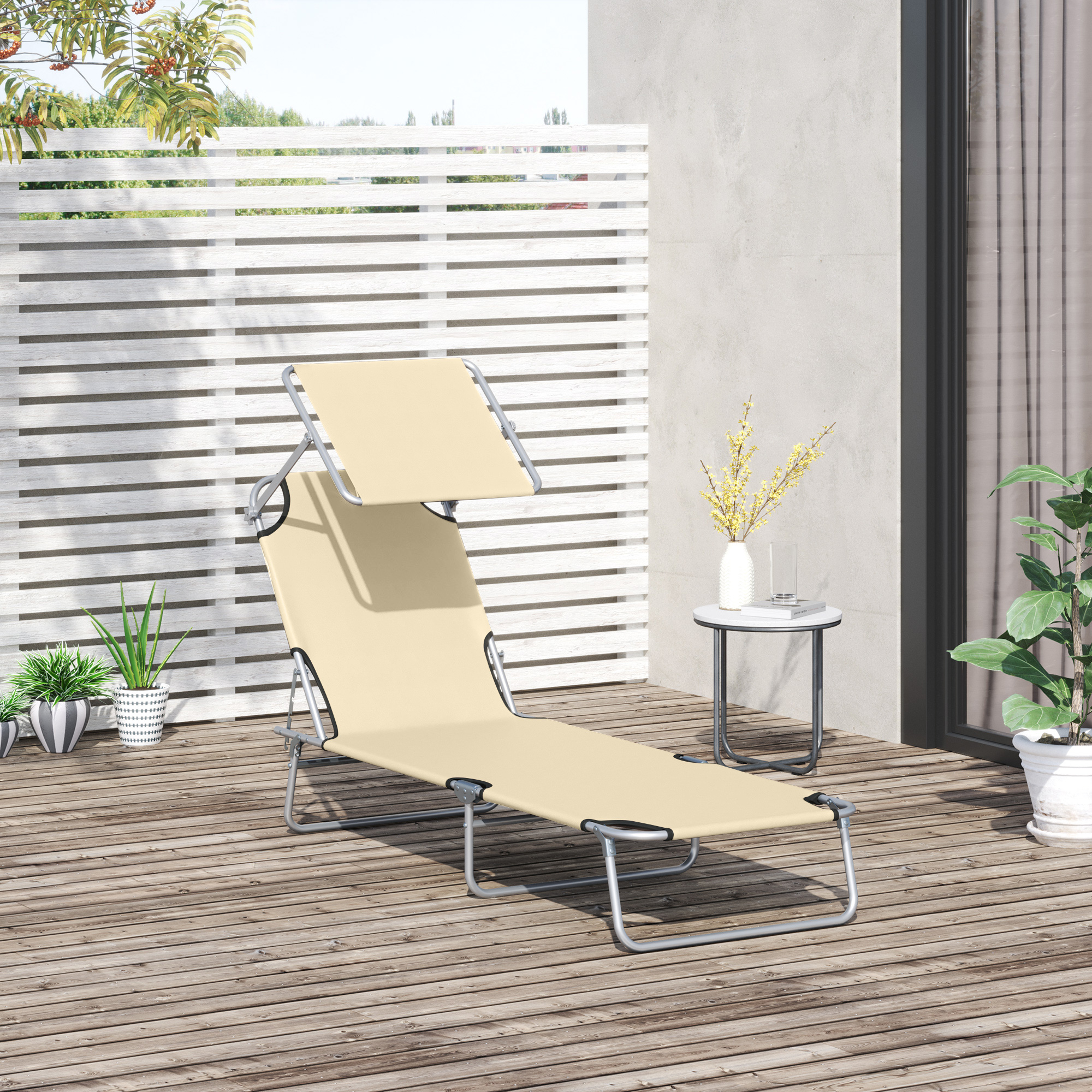 Sonnenliege klappbar Gartenliege mit Dach, Liegestuhl mit 4-Fach verstellbare Rückenlehne, wetterfeste Campingliege bis 120 kg belastbar, für Garten Strand Pool, Beige