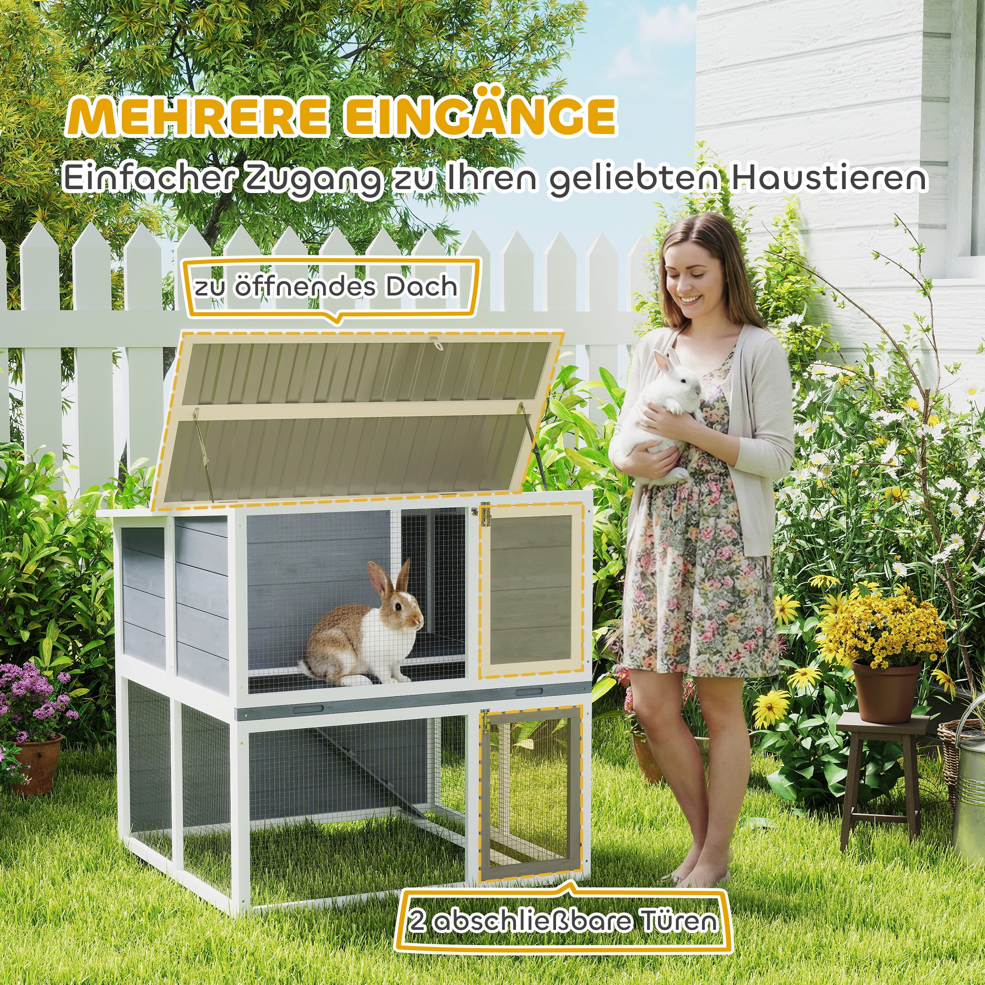 Hasenstall 2 Etagen, Kaninchenstall aus Holz mit wetterfest aufklappbares Dach, Freilaufgehege, Rampe, 98x95x102,5 cm Grau