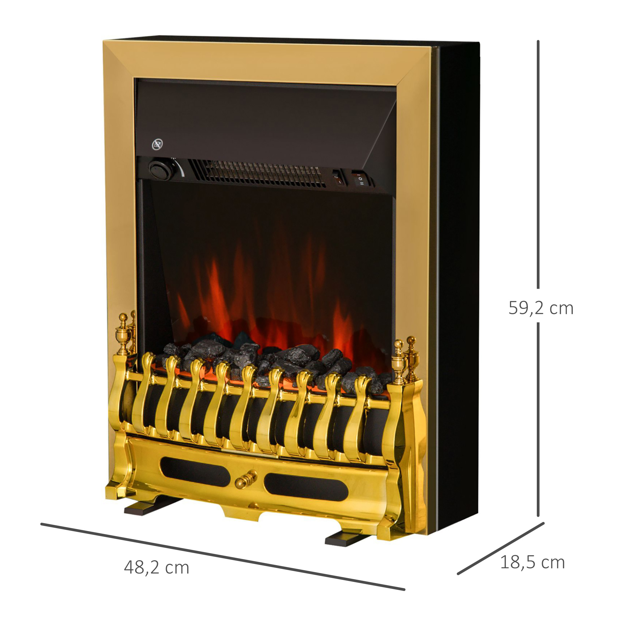 Elektrokamin mit Heizung, elektrischer Kamin mit LED Flammeneffekt, 1000/2000W Dekokamin, elektrisch Kaminfeuer Kaminofen, Gold