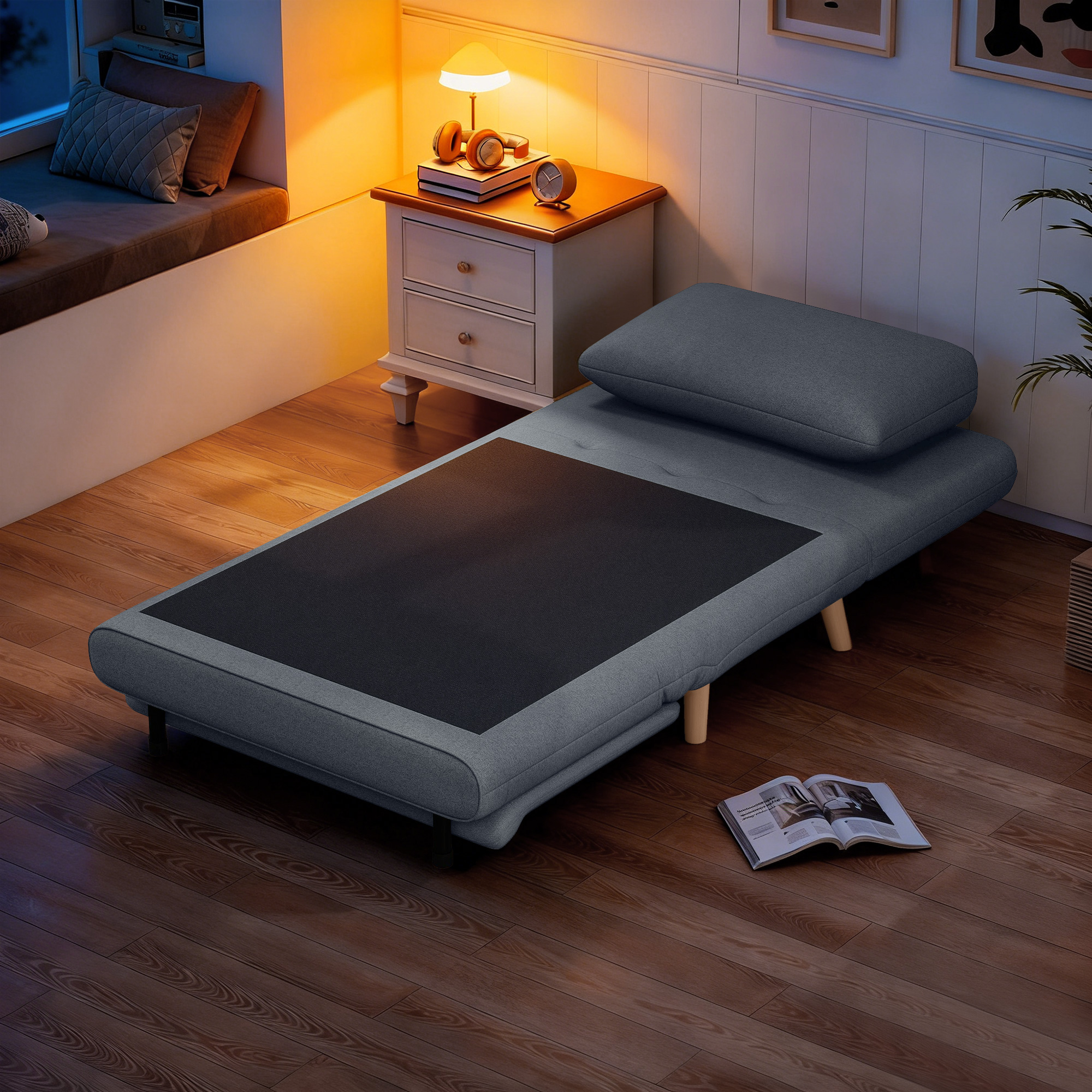 3-in-1 Schlafsessel mit Bett-Funktion, Liegesessel, verstellbare Rückenlehne, Buchenholzbeine, Kissen, Grau